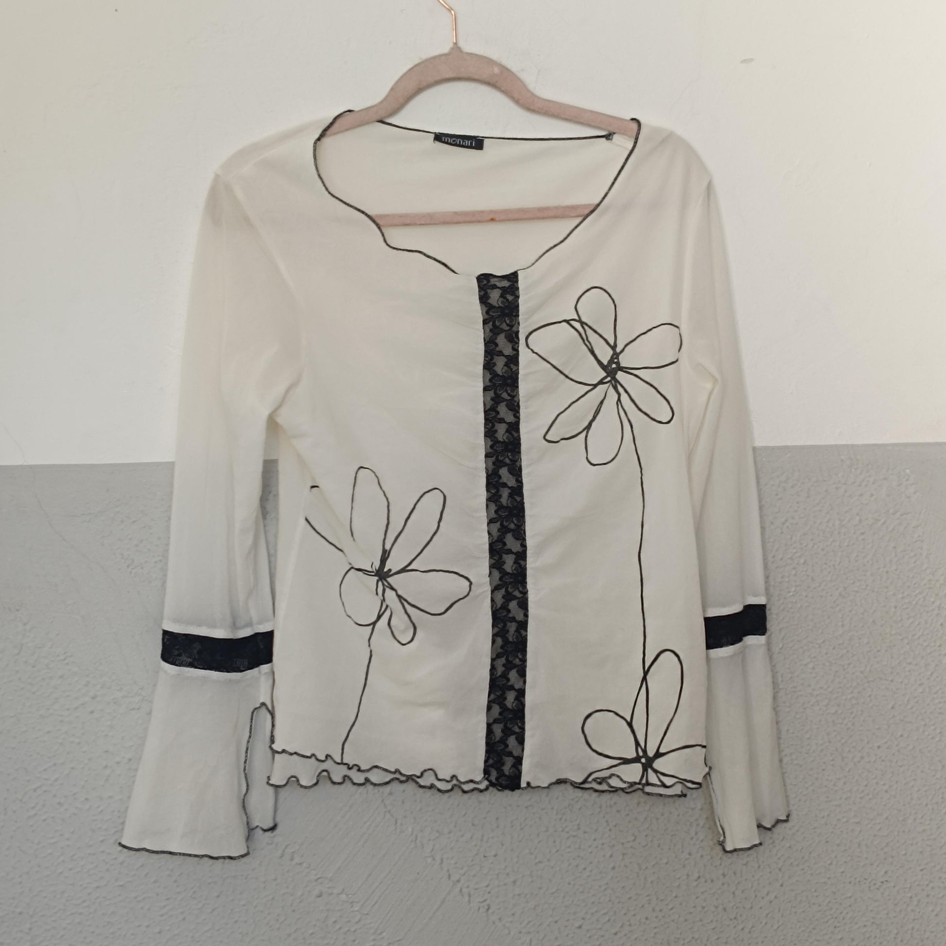 Y2K Monari Floral Embroidery Top Bell Sleeve Mesh Detail Lettuce Trim Vintage 00s