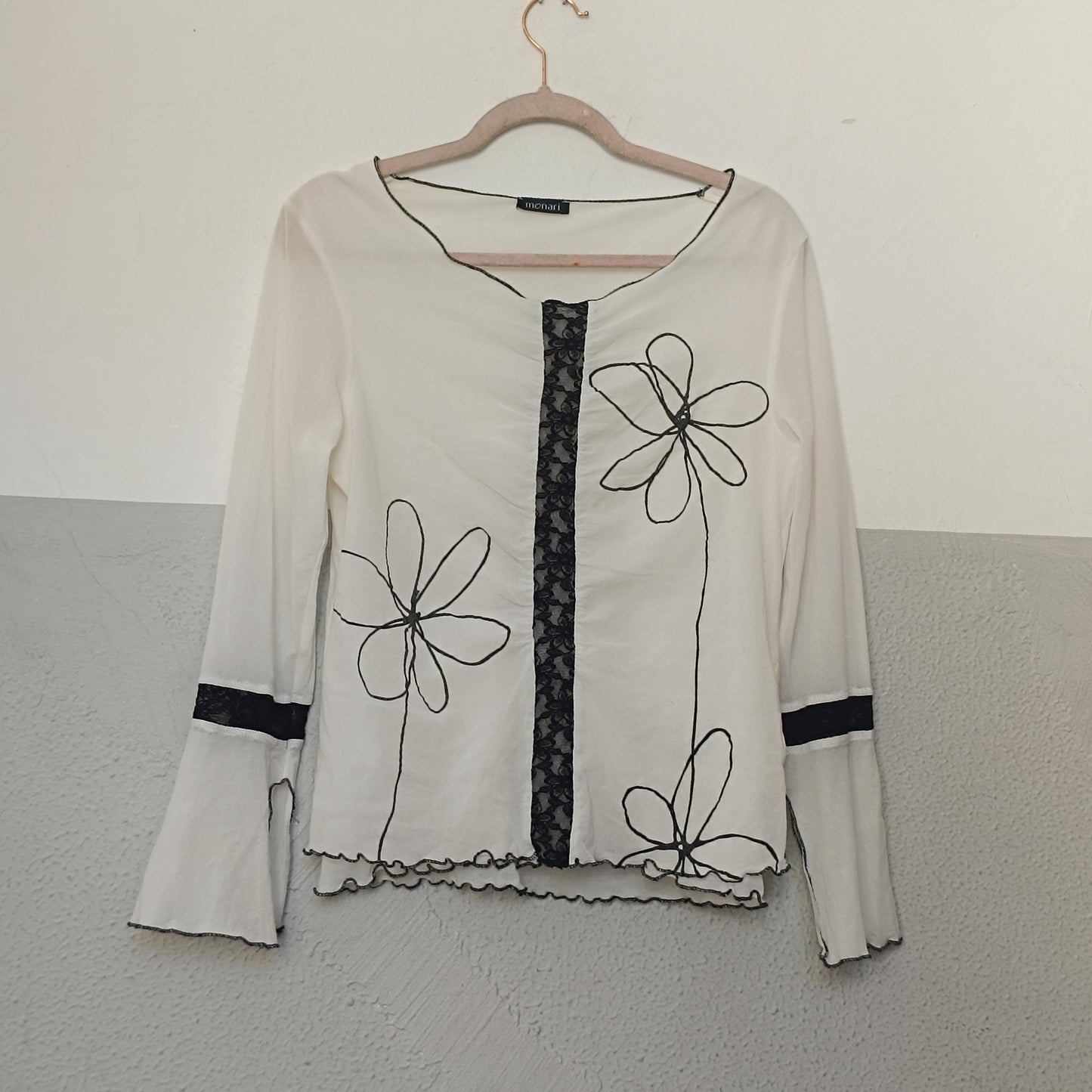 Y2K Monari Floral Embroidery Top Bell Sleeve Mesh Detail Lettuce Trim Vintage 00s