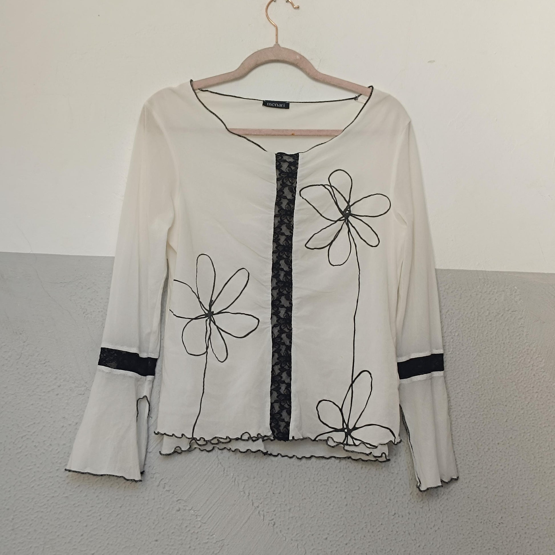 Y2K Monari Floral Embroidery Top Bell Sleeve Mesh Detail Lettuce Trim Vintage 00s