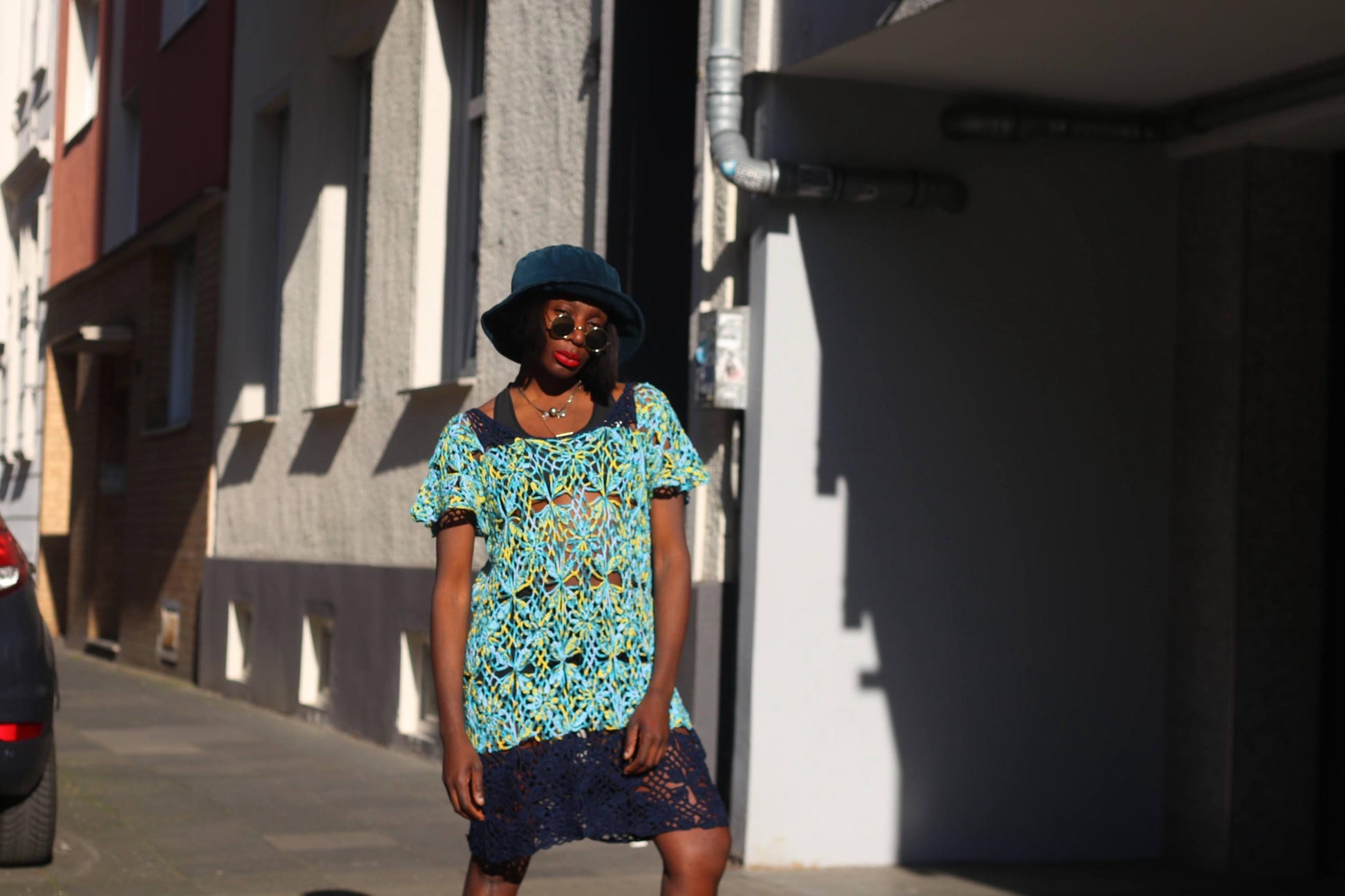 Crochet Lace Tunic Vintage Boho Floral Knit Top Turquoise Yellow Mesh Beach Coverup
