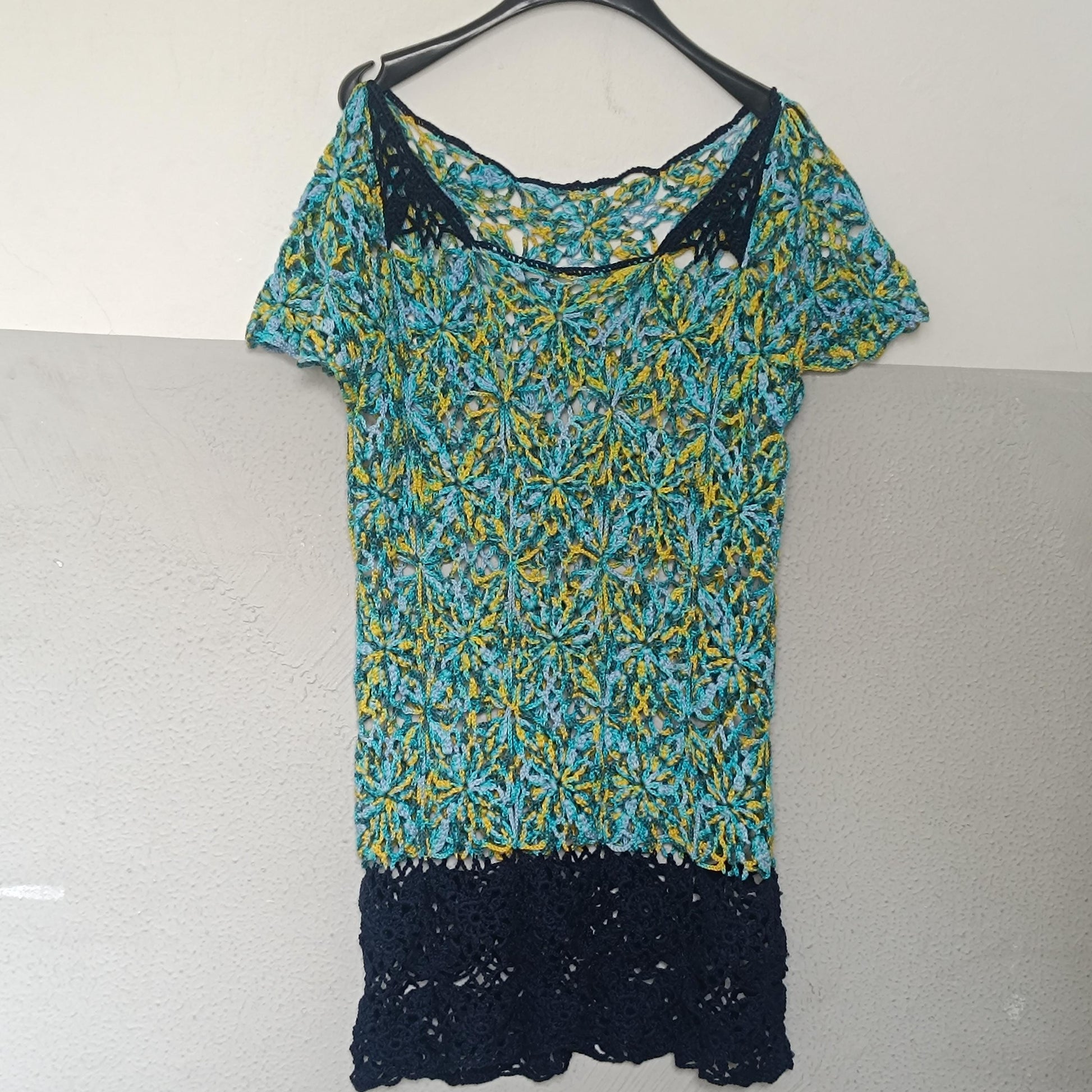 Crochet Lace Tunic Vintage Boho Floral Knit Top Turquoise Yellow Mesh Beach Coverup