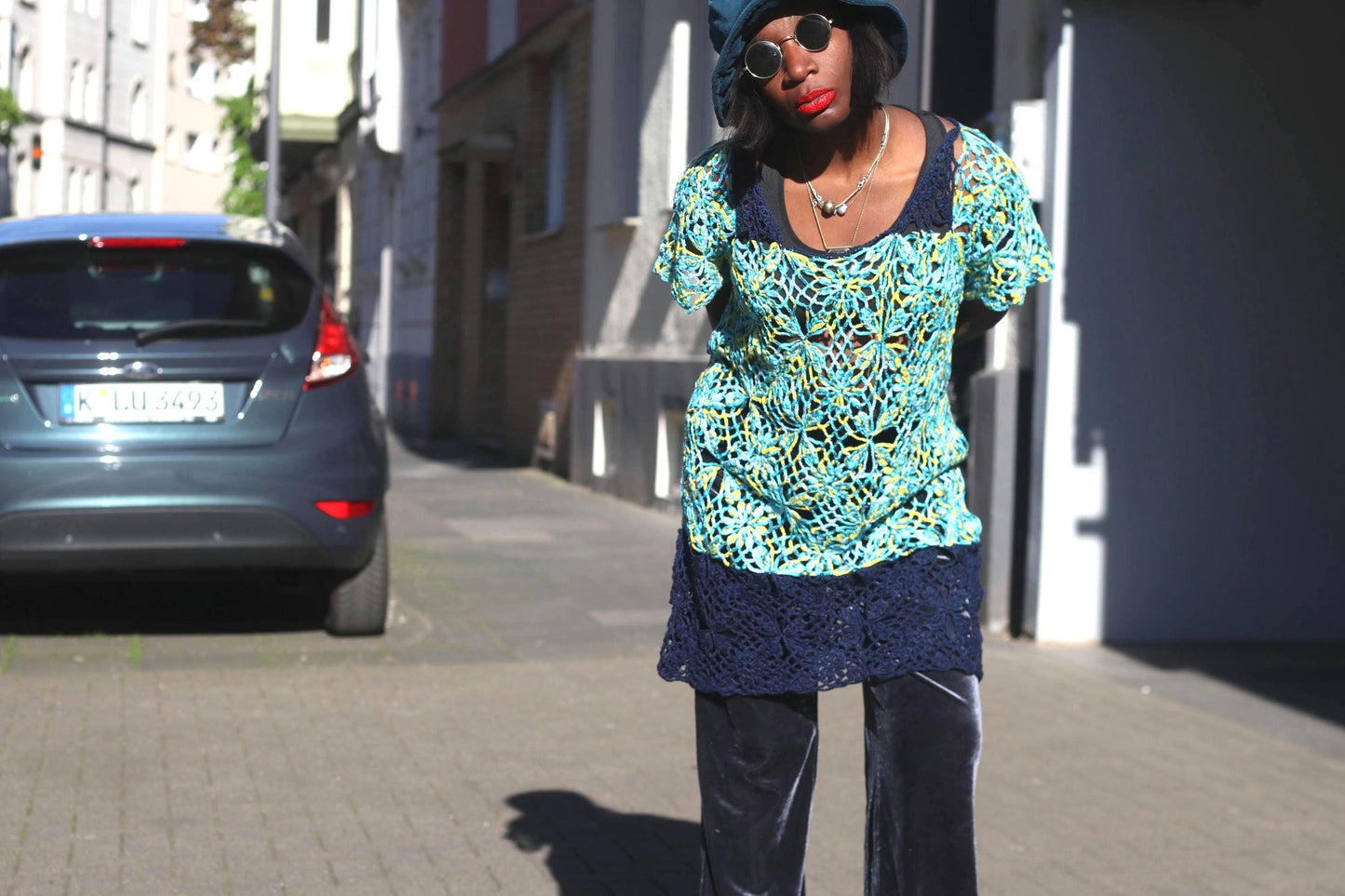 Crochet Lace Tunic Vintage Boho Floral Knit Top Turquoise Yellow Mesh Beach Coverup