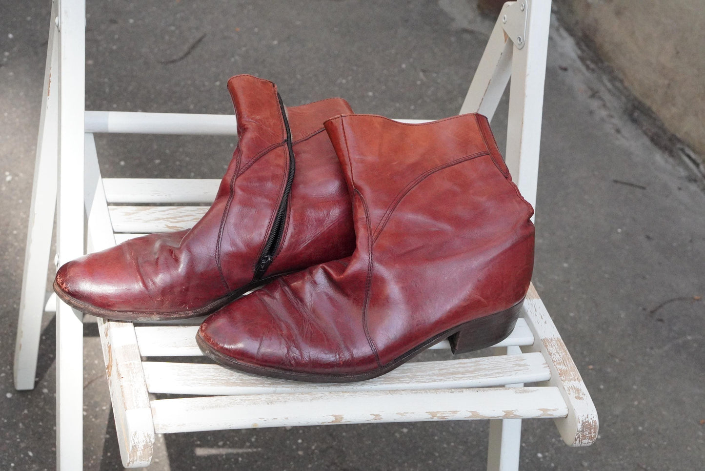 Vintage Oxblood Leather Boots Mid Calf Pointed Toe Zip Up 70s Style Burgundy