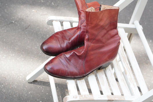 Vintage Oxblood Leather Boots Mid Calf Pointed Toe Zip Up 70s Style Burgundy