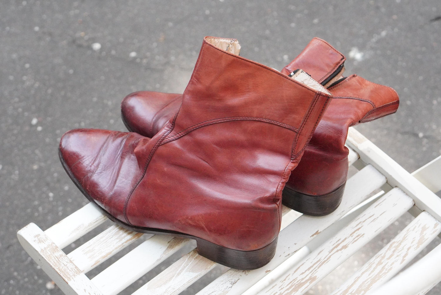 Vintage Oxblood Leather Boots Mid Calf Pointed Toe Zip Up 70s Style Burgundy