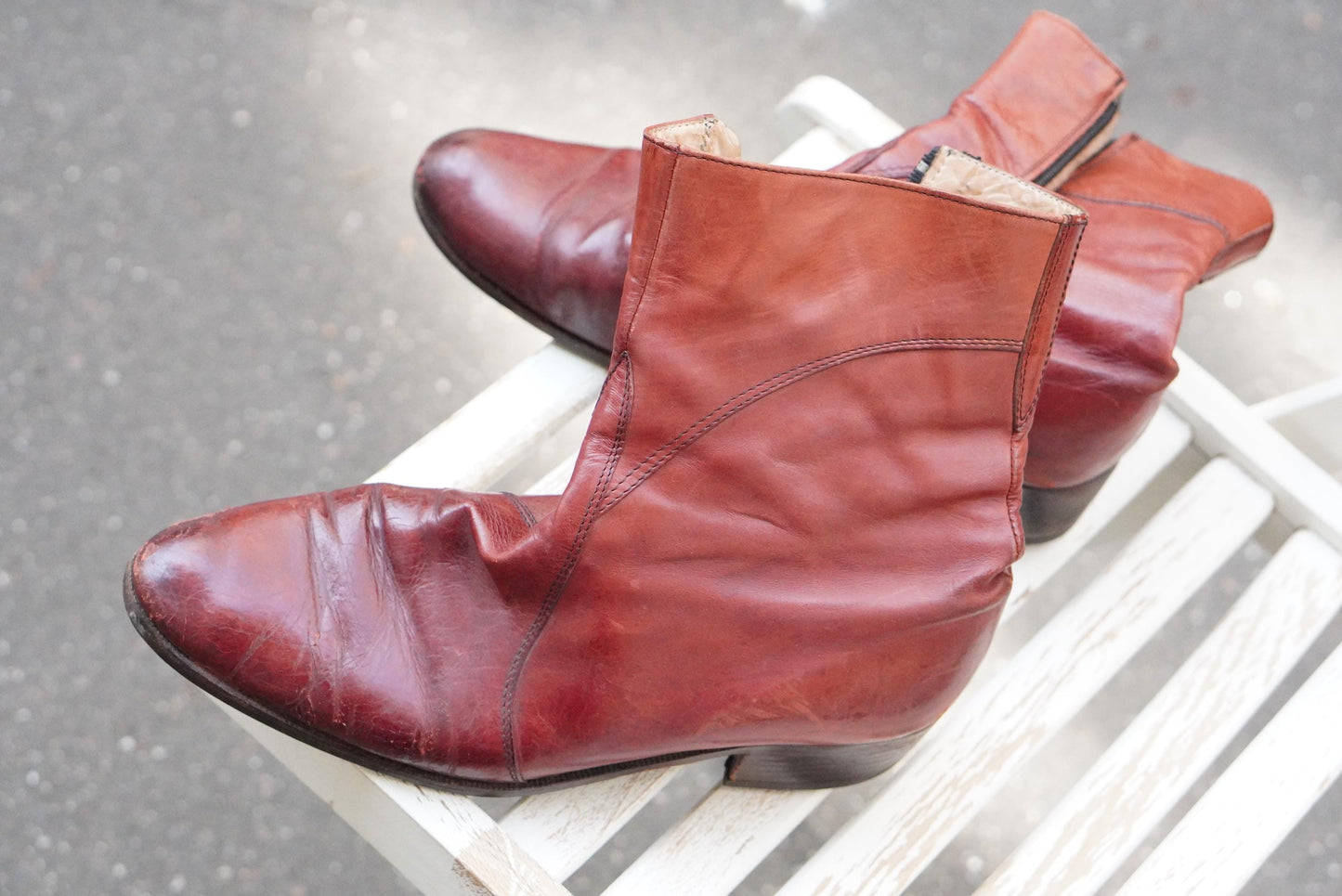 Vintage Oxblood Leather Boots Mid Calf Pointed Toe Zip Up 70s Style Burgundy