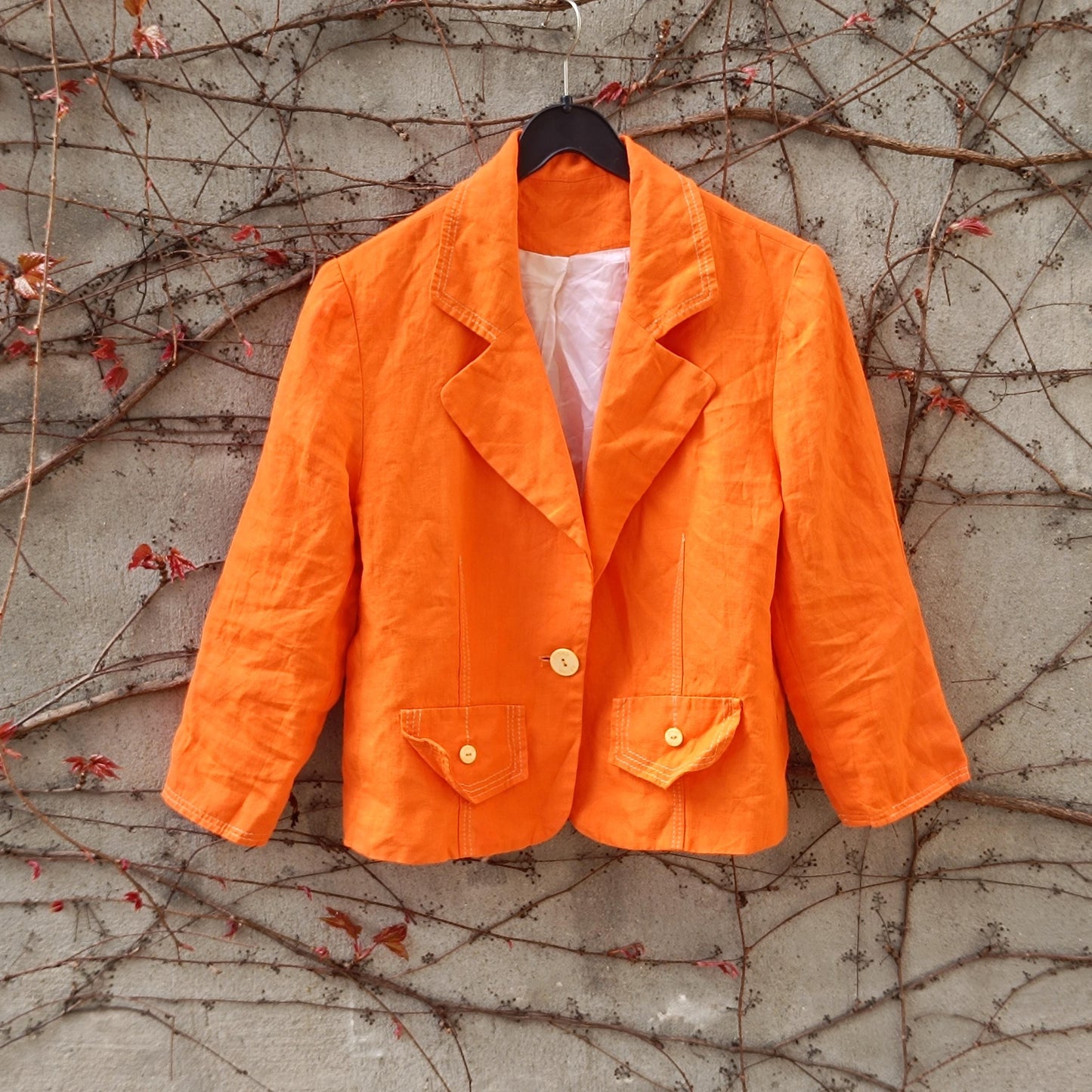 Orange Linen Blazer Vintage 90s Summer Jacket Single Breasted Lightweight Coat