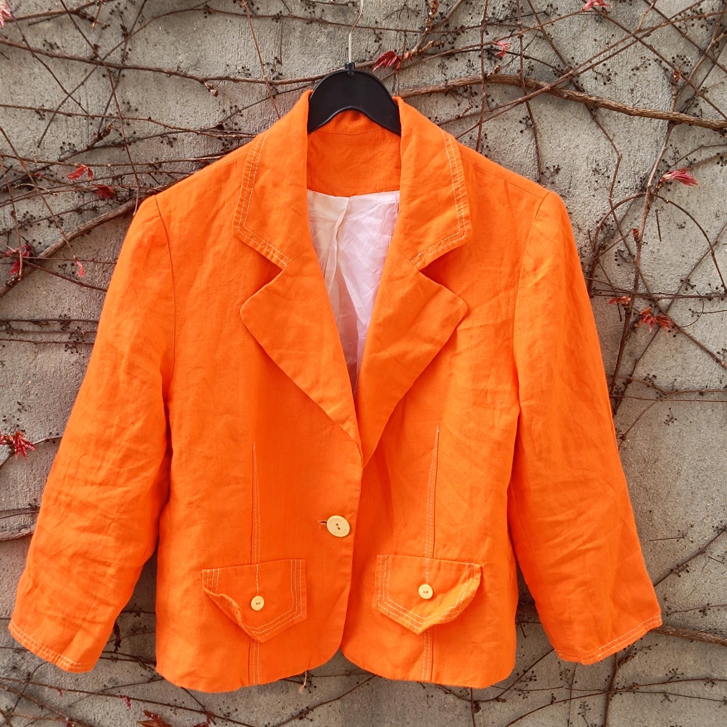 Orange Linen Blazer Vintage 90s Summer Jacket Single Breasted Lightweight Coat
