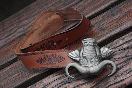 Vintage Buffalo Buckled Belt| 70s Leather Safari Western Tribal Tooled Boho Accessory