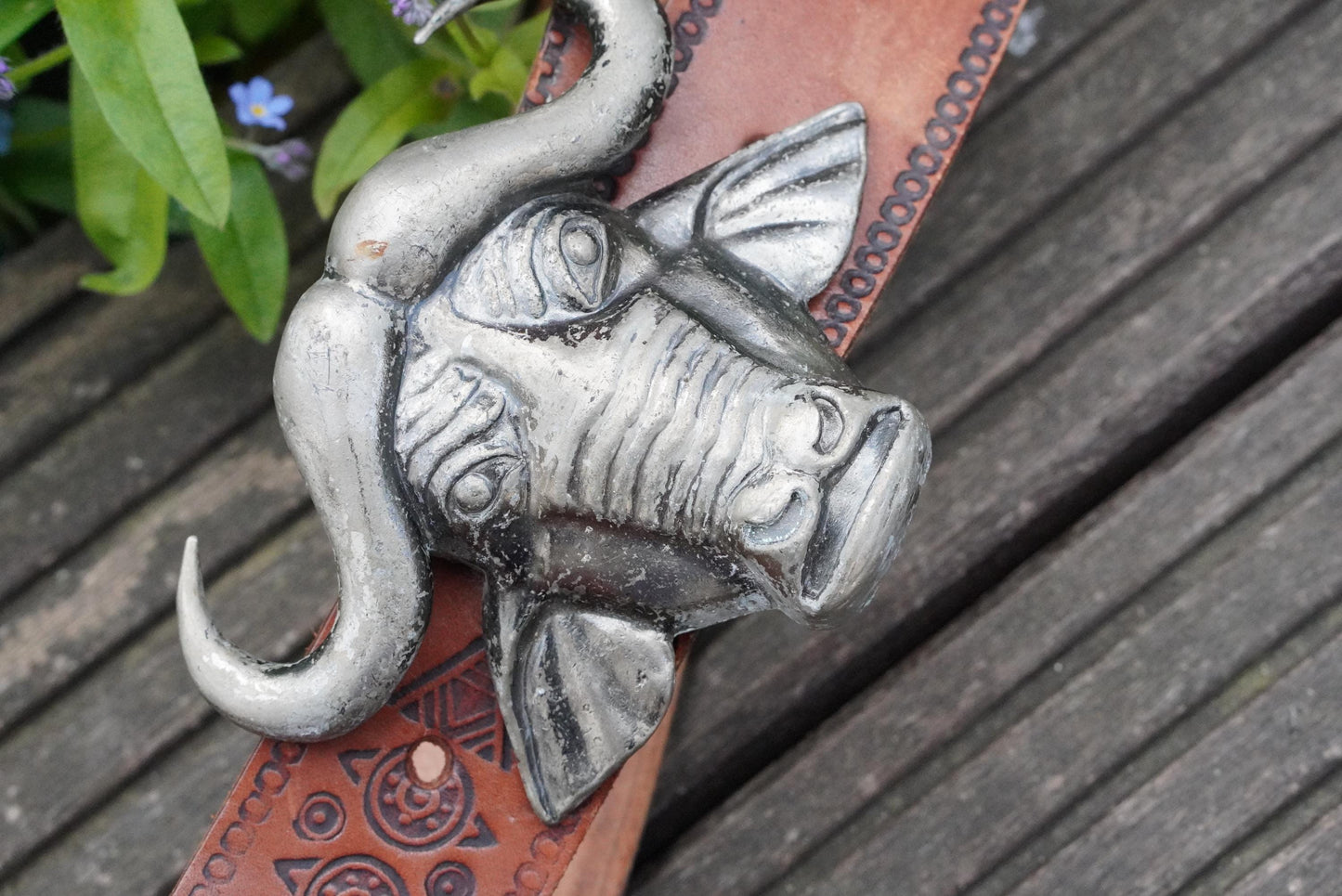 Vintage Buffalo Buckled Belt| 70s Leather Safari Western Tribal Tooled Boho Accessory