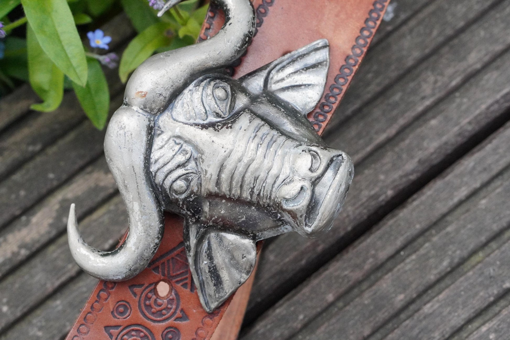 Vintage Buffalo Buckled Belt| 70s Leather Safari Western Tribal Tooled Boho Accessory