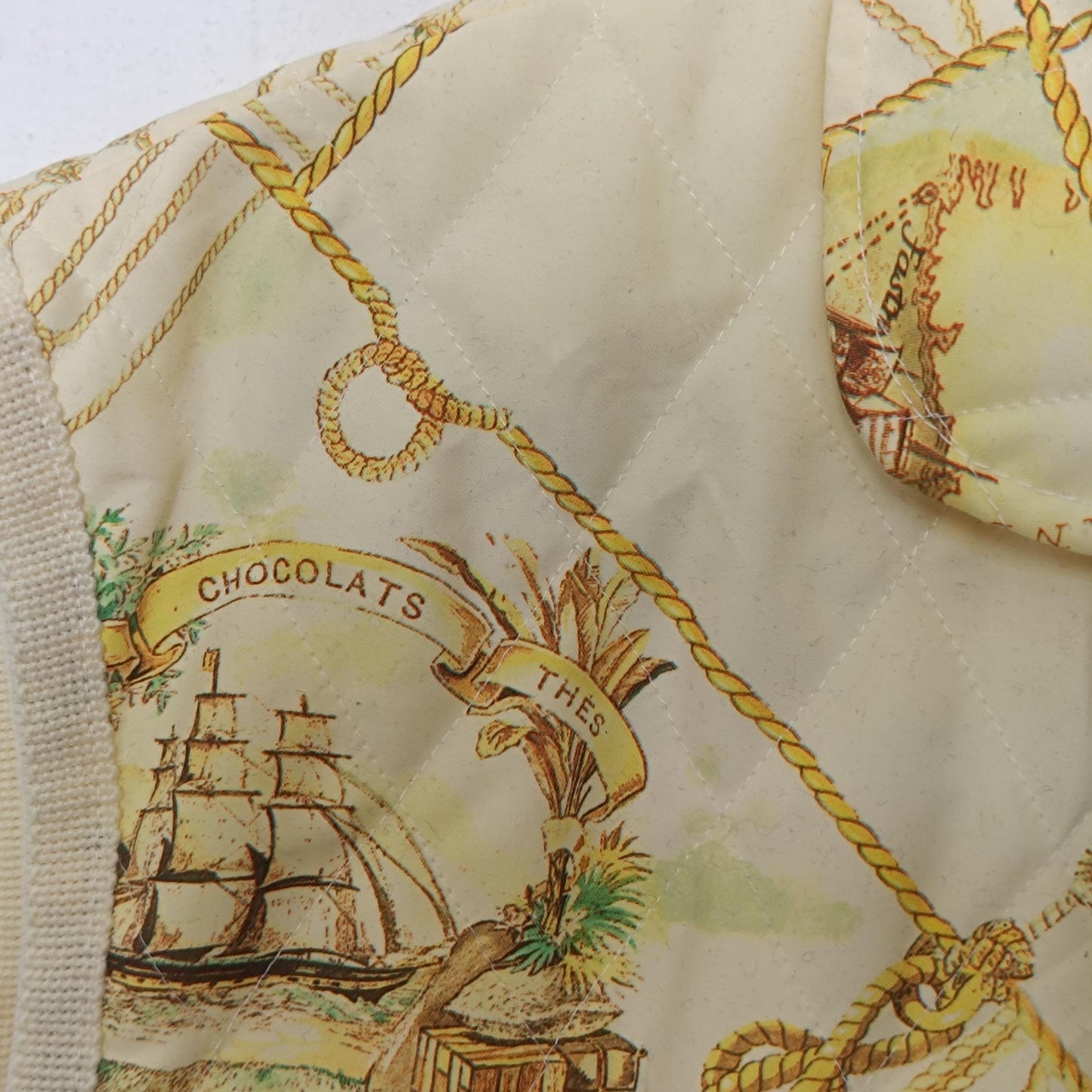 Vintage Quilted Nautical Vest Oversized Sleeveless Jacket Pale Yellow Gold Chain Print
