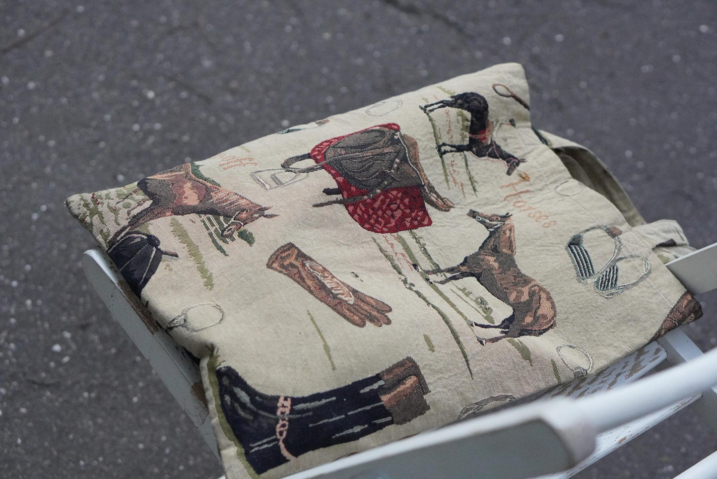 Vintage Equestrian Tapestry Tote Bag Horse Print Gobelin Style Shoulder Bag Tan