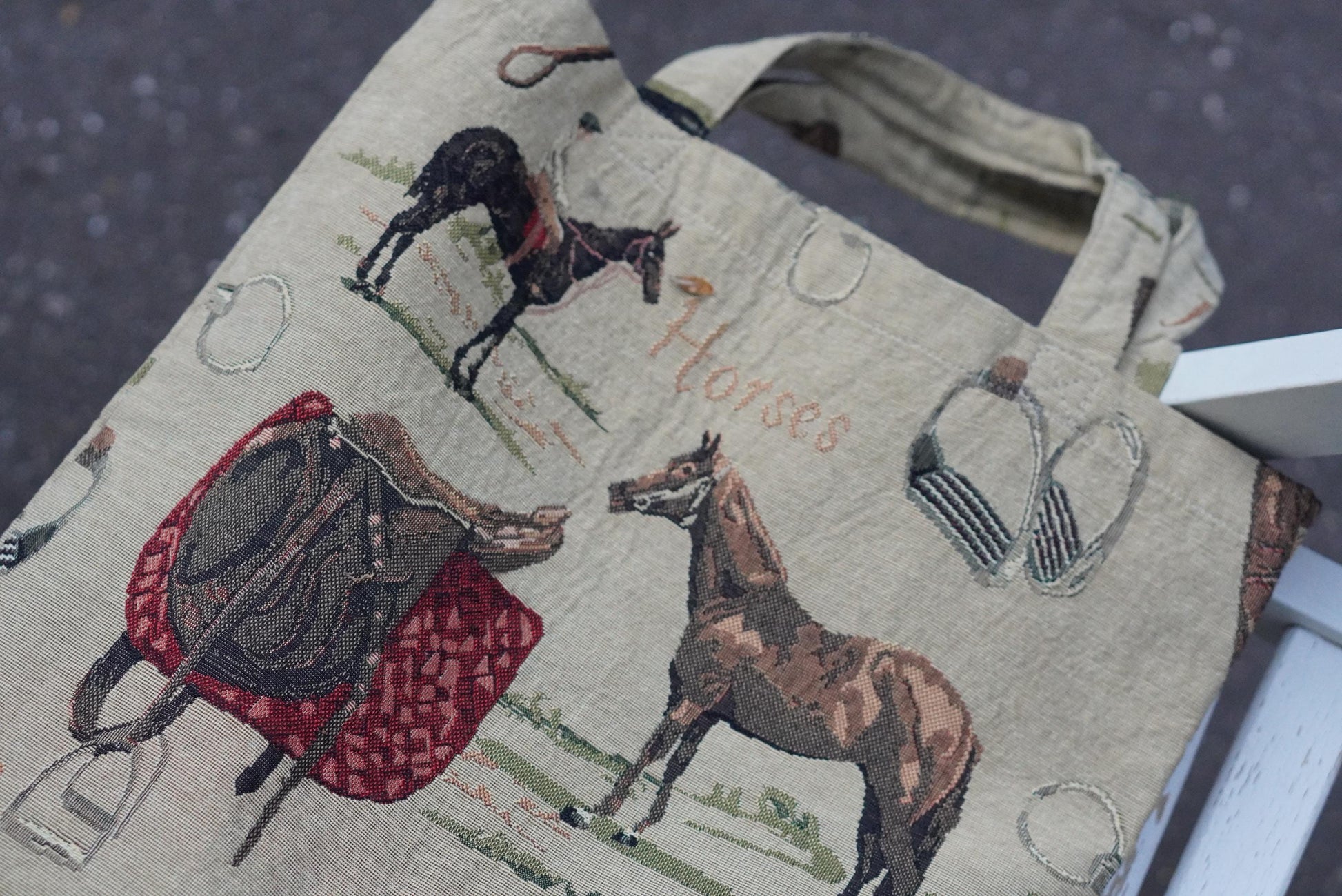 Vintage Equestrian Tapestry Tote Bag Horse Print Gobelin Style Shoulder Bag Tan