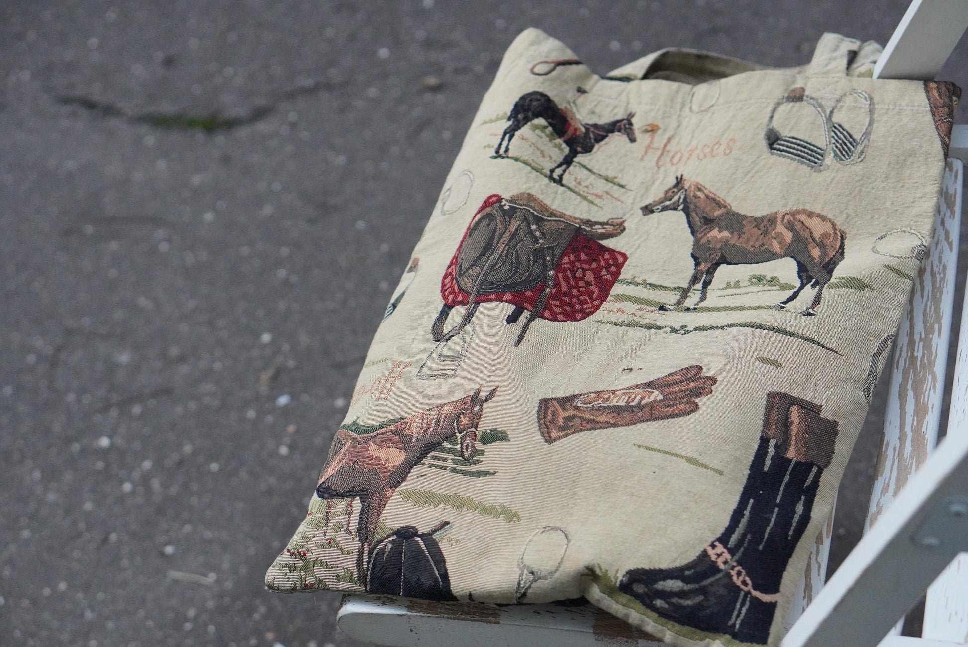 Vintage Equestrian Tapestry Tote Bag Horse Print Gobelin Style Shoulder Bag Tan