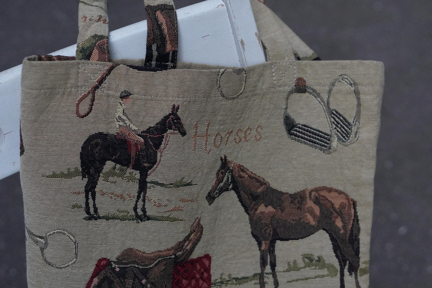 Vintage Equestrian Tapestry Tote Bag Horse Print Gobelin Style Shoulder Bag Tan