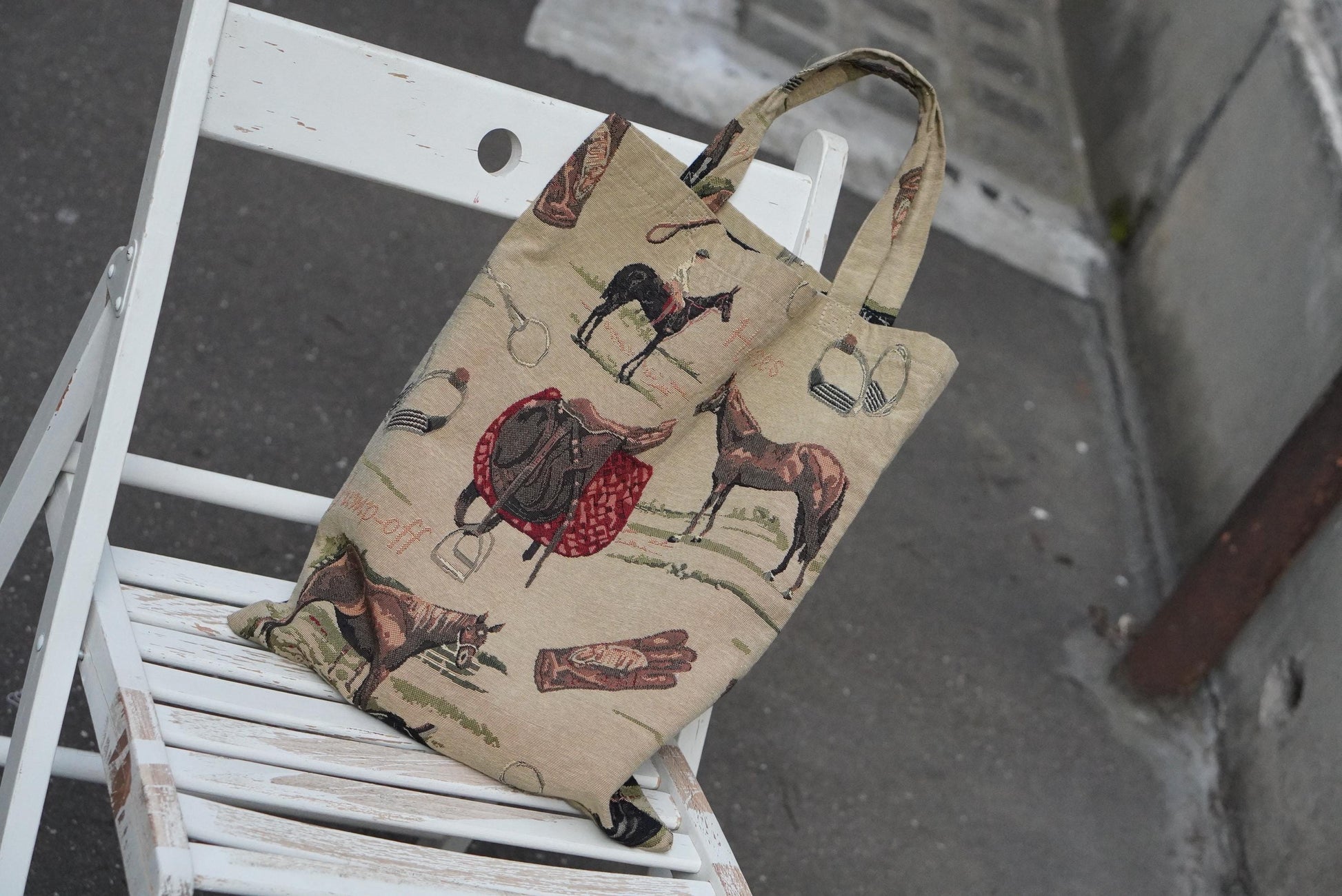 Vintage Equestrian Tapestry Tote Bag Horse Print Gobelin Style Shoulder Bag Tan