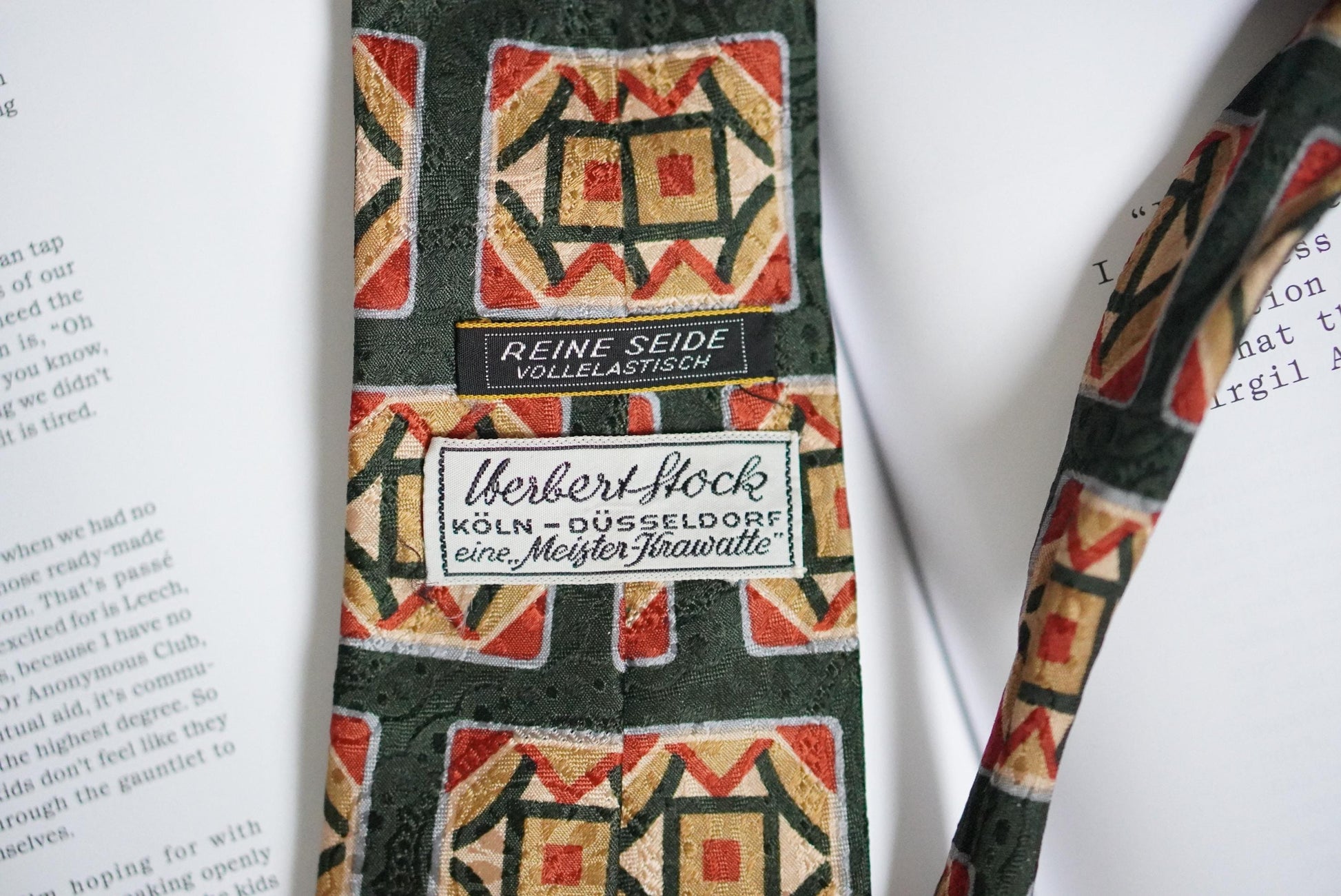 Vintage Silk Tie Herbert Stock Cologne Geometric Art Deco Print Green Red Silk