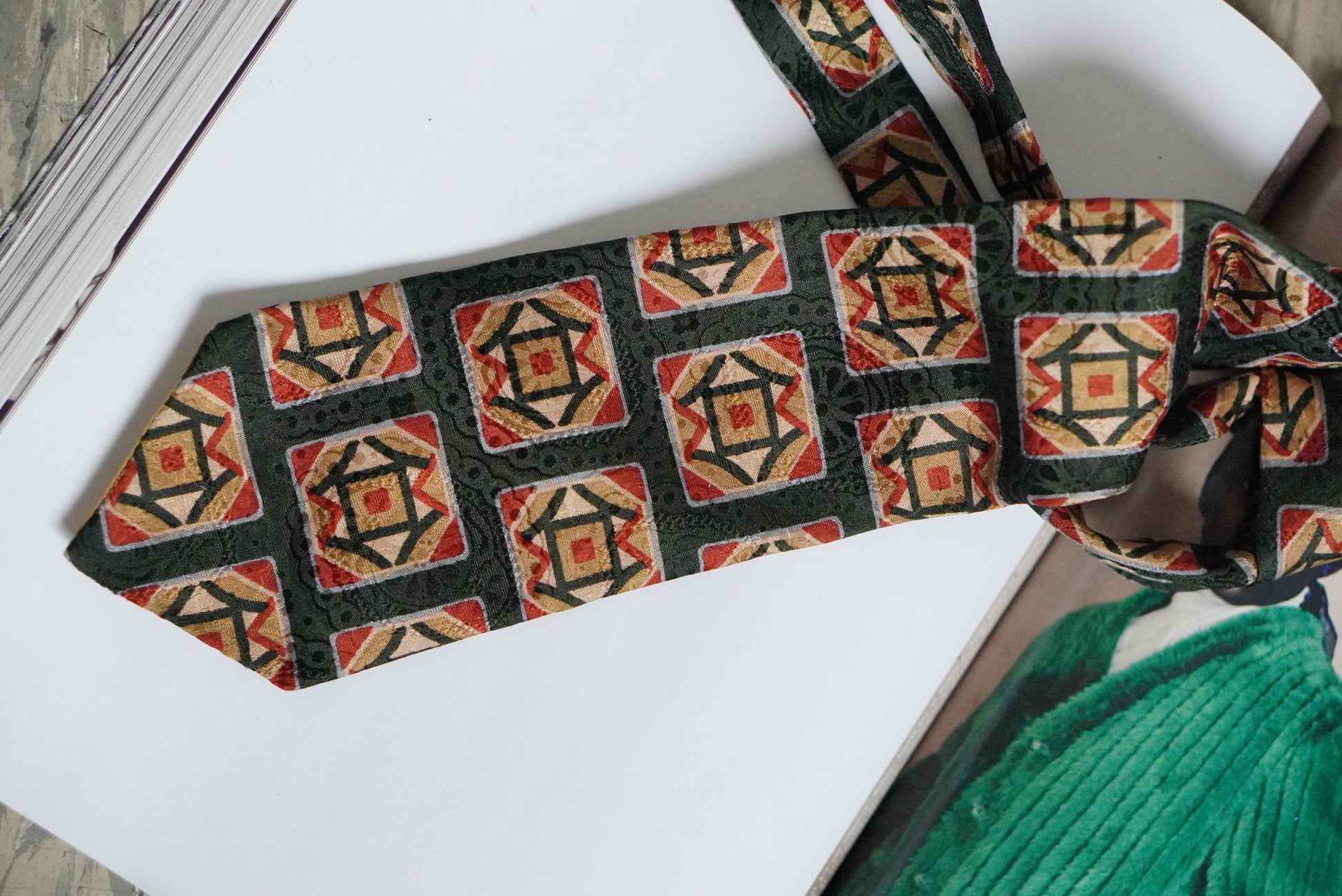 Vintage Silk Tie Herbert Stock Cologne Geometric Art Deco Print Green Red Silk