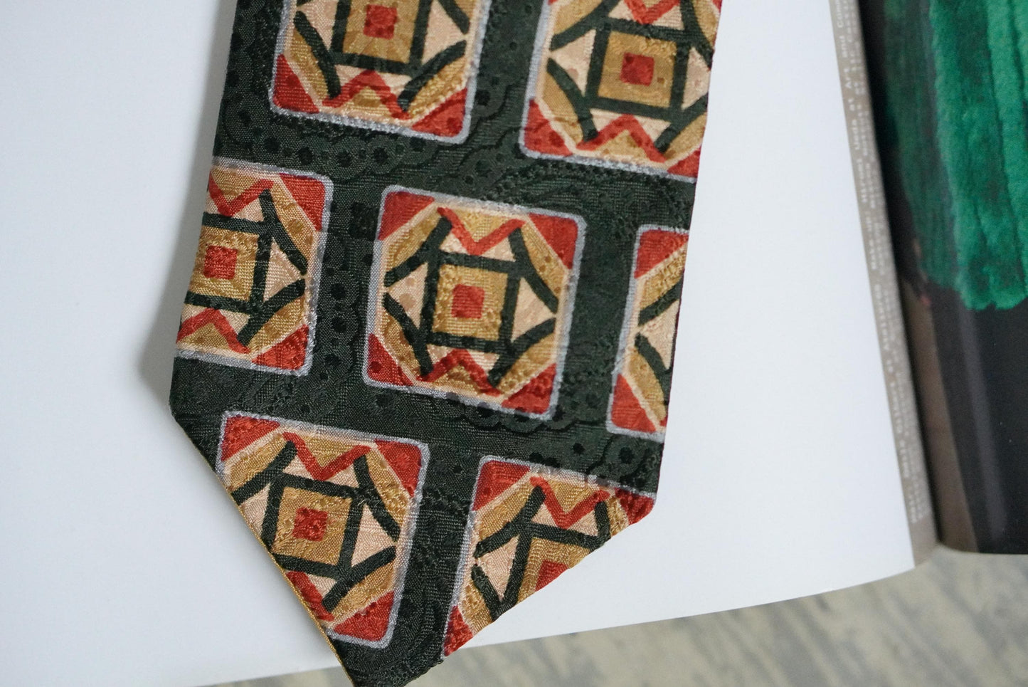 Vintage Silk Tie Herbert Stock Cologne Geometric Art Deco Print Green Red Silk