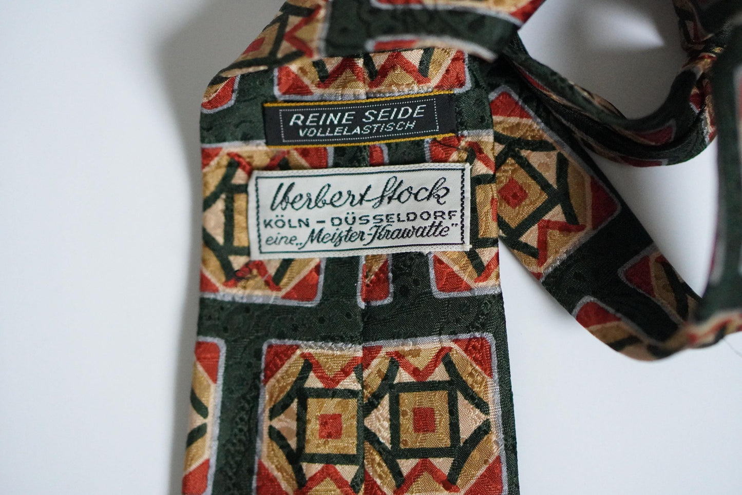 Vintage Silk Tie Herbert Stock Cologne Geometric Art Deco Print Green Red Silk