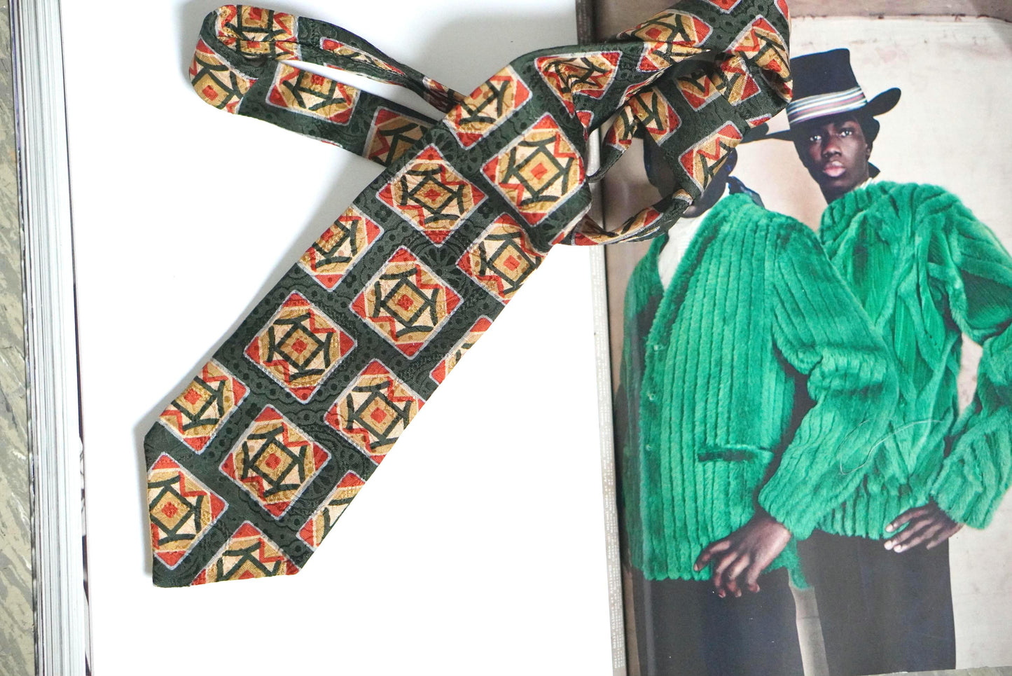 Vintage Silk Tie Herbert Stock Cologne Geometric Art Deco Print Green Red Silk