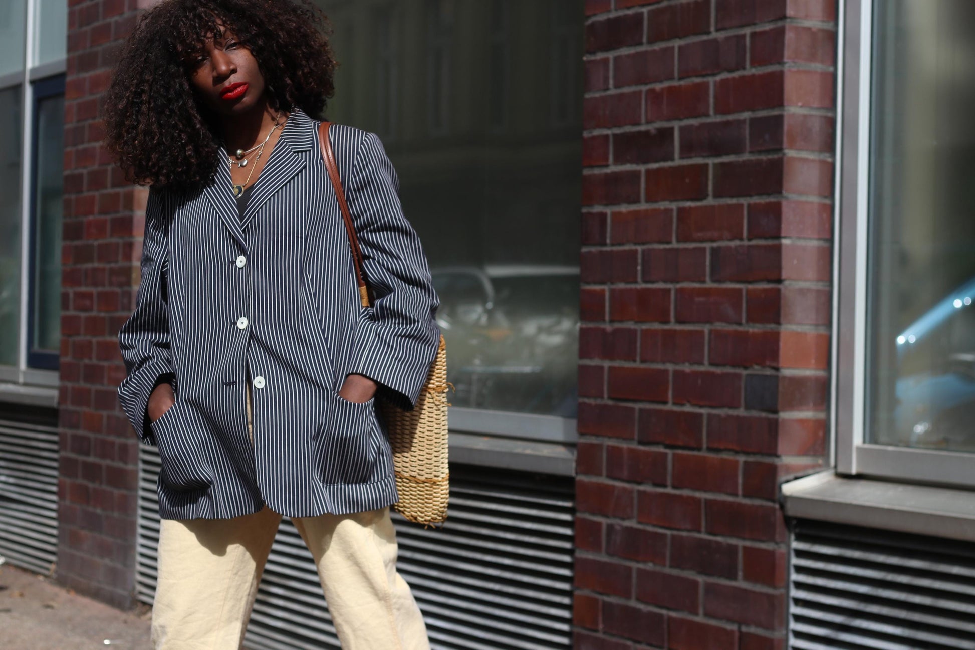 Vintage Pinstripe Blazer Navy Blue White Striped Oversized Jacket Women’s Size M
