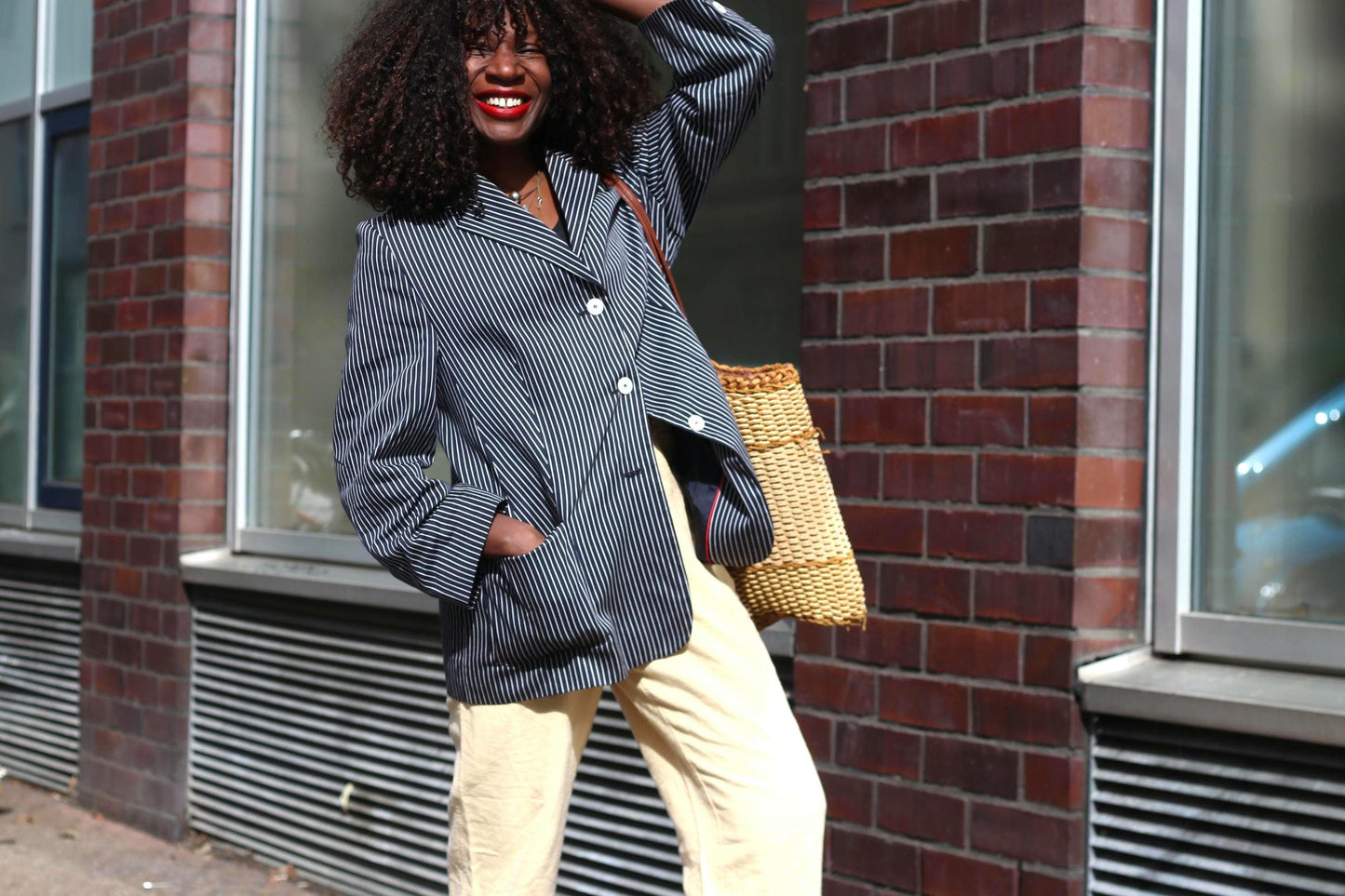 Vintage Pinstripe Blazer Navy Blue White Striped Oversized Jacket Women’s Size M