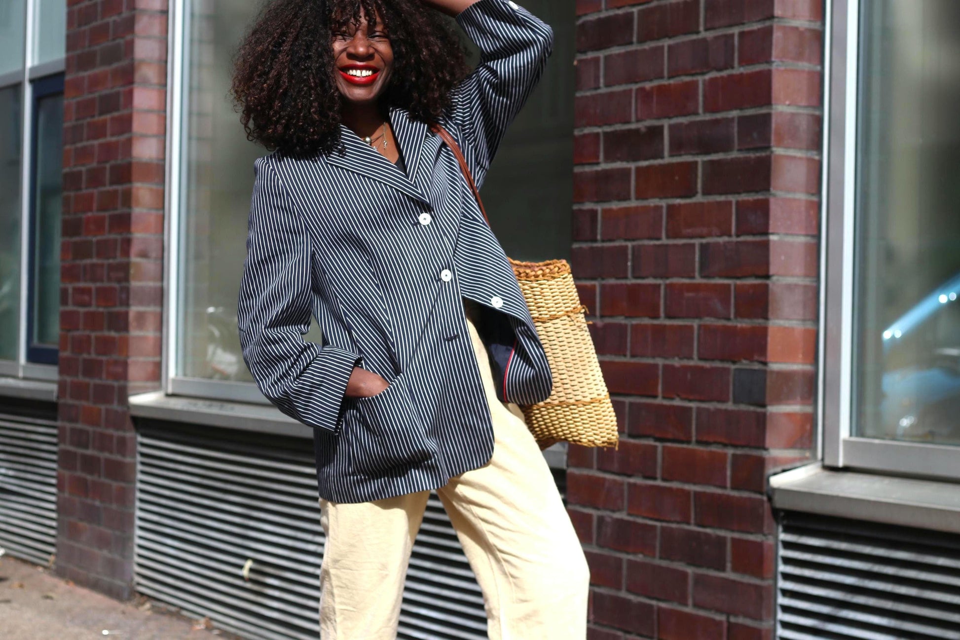 Vintage Pinstripe Blazer Navy Blue White Striped Oversized Jacket Women’s Size M