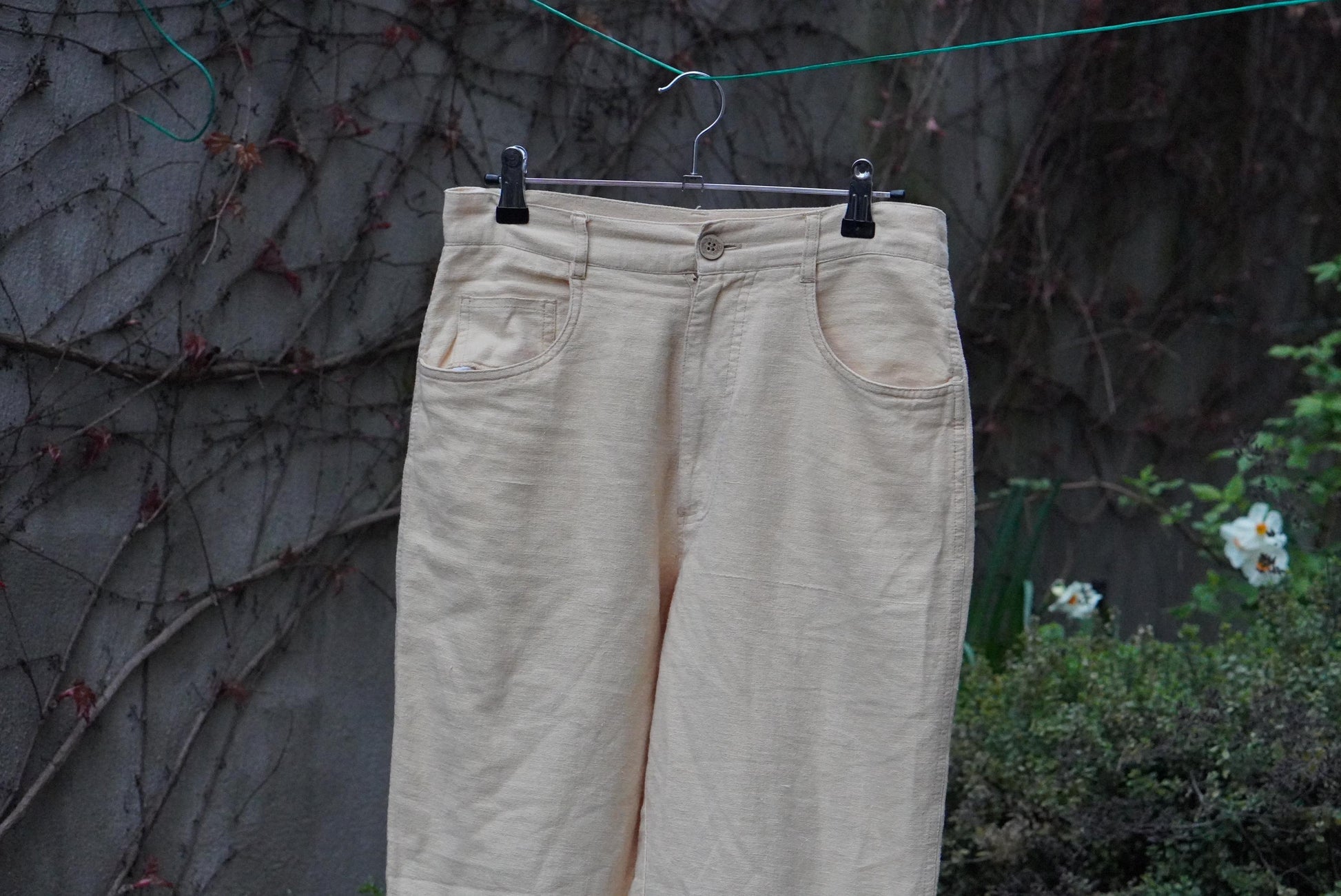 Vintage Linen Blend High Waisted Trousers Cream Pale Yellow Hennes Pants Size 36 Small