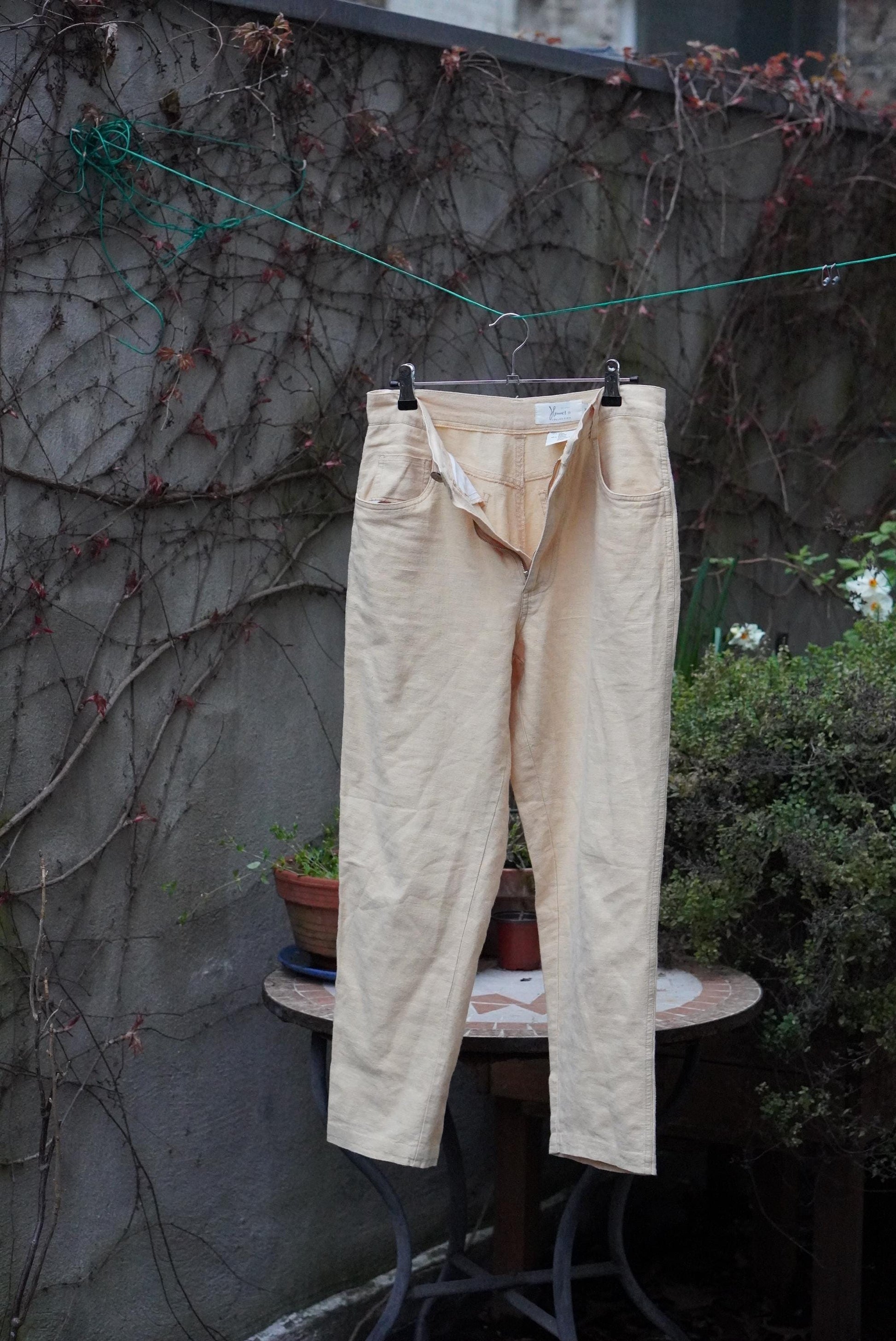 Vintage Linen Blend High Waisted Trousers Cream Pale Yellow Hennes Pants Size 36 Small