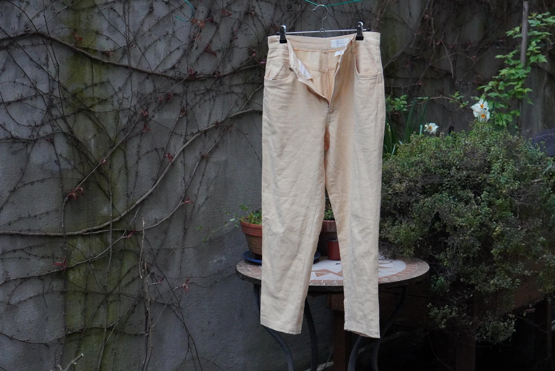 Vintage Linen Blend High Waisted Trousers Cream Pale Yellow Hennes Pants Size 36 Small