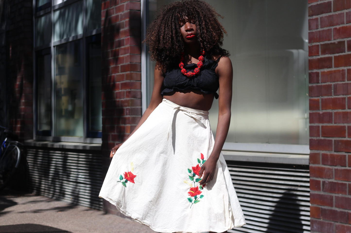 Vintage Embroidered Wrap Skirt White Cotton Floral Midi Skirt Boho Summer A-Line