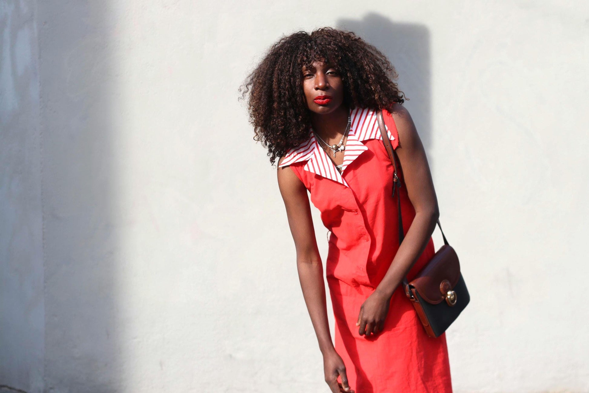 Vintage Red Shift Dress Striped Disco Collar Sleeveless Mod 60s Style Midi