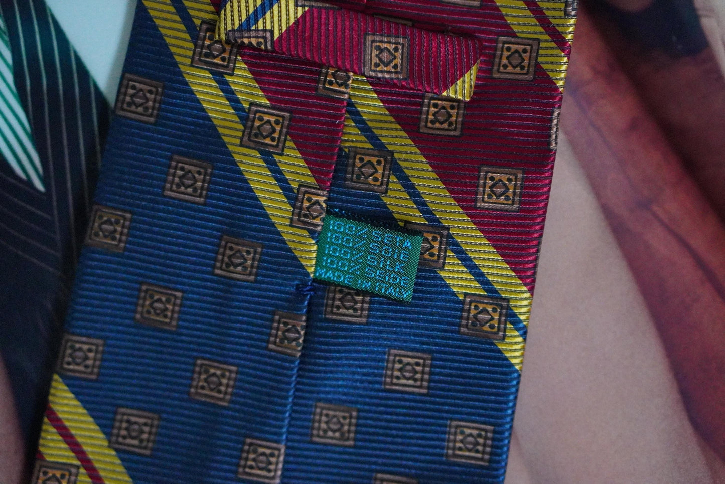 Vintage Silk Tie Prochownick Italy Geometric Red Blue Gold Striped Necktie Retro