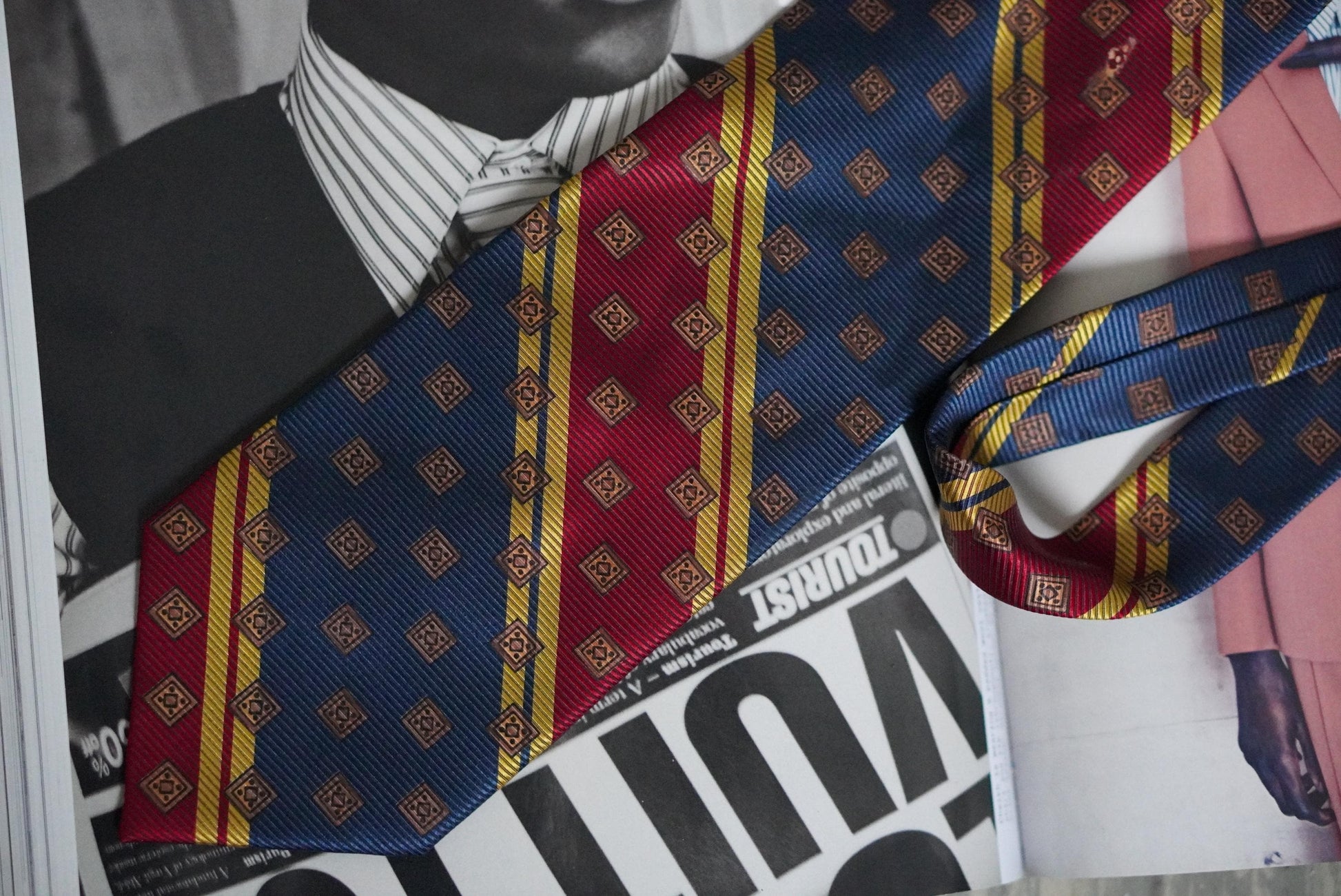 Vintage Silk Tie Prochownick Italy Geometric Red Blue Gold Striped Necktie Retro
