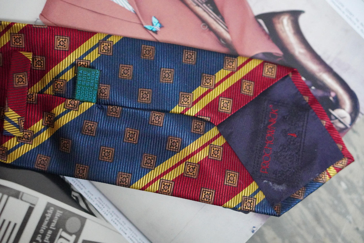 Vintage Silk Tie Prochownick Italy Geometric Red Blue Gold Striped Necktie Retro