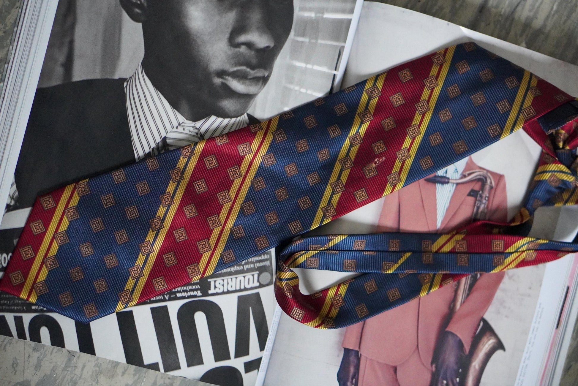 Vintage Silk Tie Prochownick Italy Geometric Red Blue Gold Striped Necktie Retro