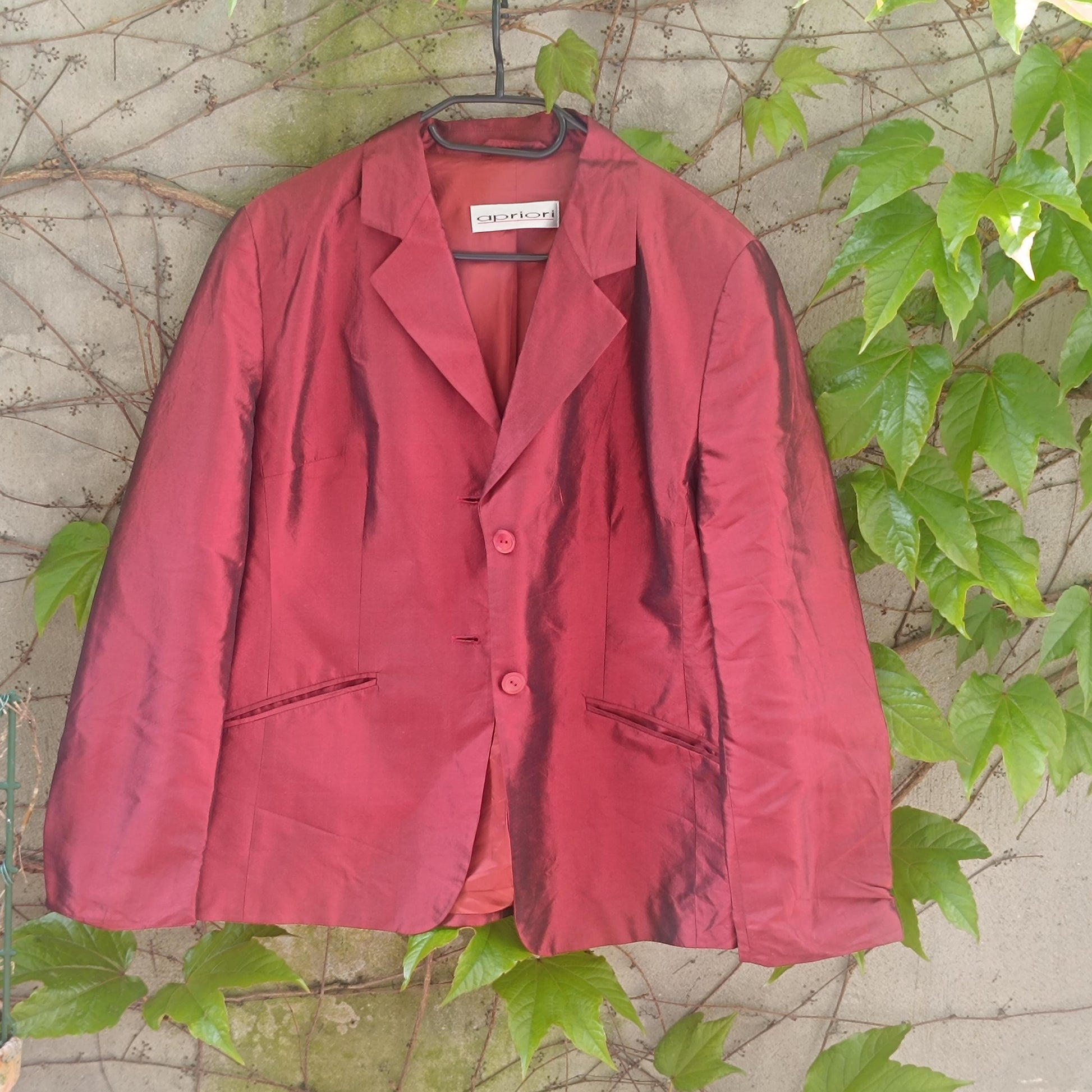 Apriori Vintage 90s Raw Silk Blazer Red Burgundy Iridescent Jacket Women’s Size L