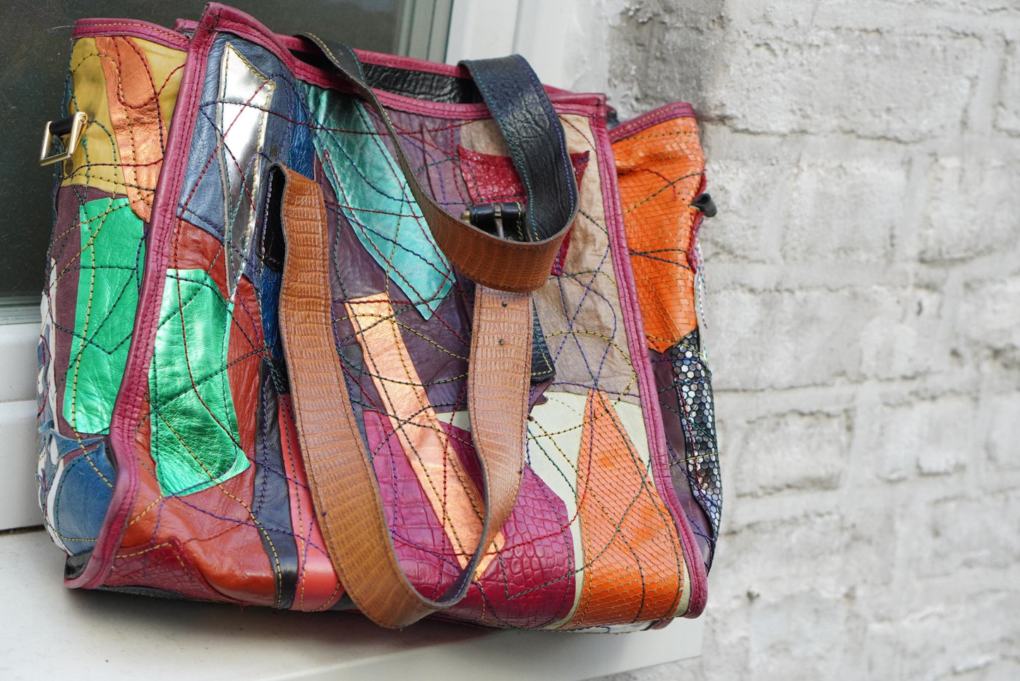 Vintage Fara Dakar Patchwork Leder Tasche Handarbeit Bunt Shopper Unikat 90er