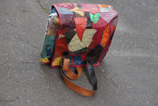 Vintage Fara Dakar Patchwork Leder Tasche Handarbeit Bunt Shopper Unikat 90er