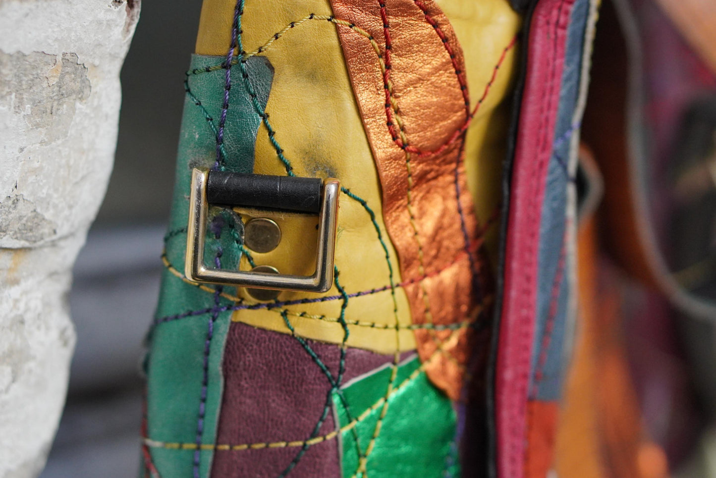 Vintage Fara Dakar Patchwork Leder Tasche Handarbeit Bunt Shopper Unikat 90er