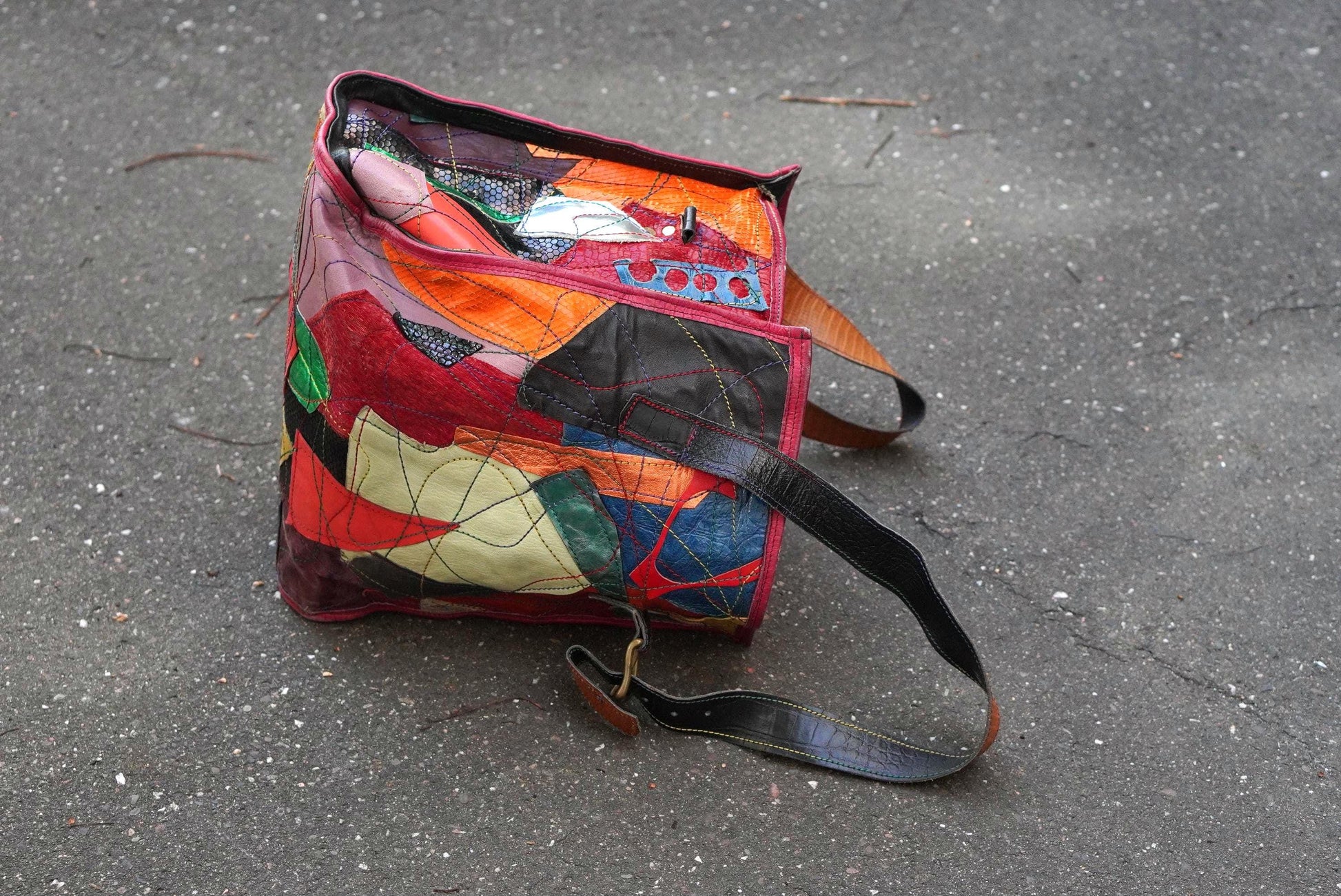 Vintage Fara Dakar Patchwork Leder Tasche Handarbeit Bunt Shopper Unikat 90er