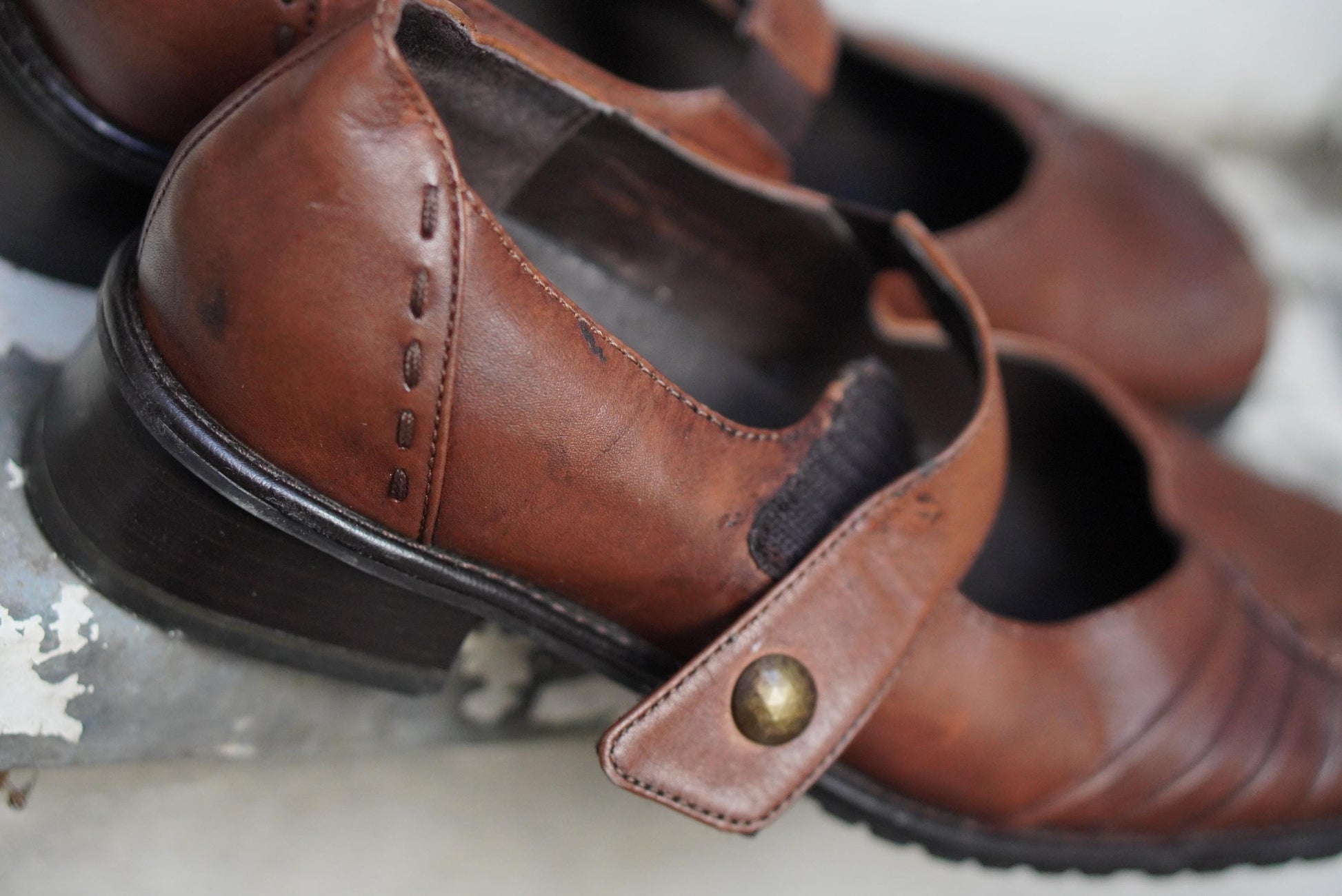 Vintage Brown Leather Mary Janes Pleated Square Toe Low Heel Pumps Comfort Shoes