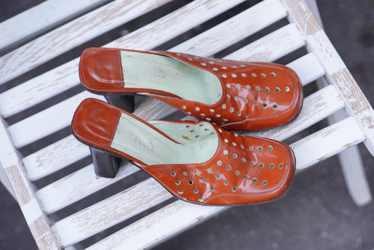 Vintage Mules Square Toe Burnt Orange Patent Leather Block Heel 90s Shoes Citta