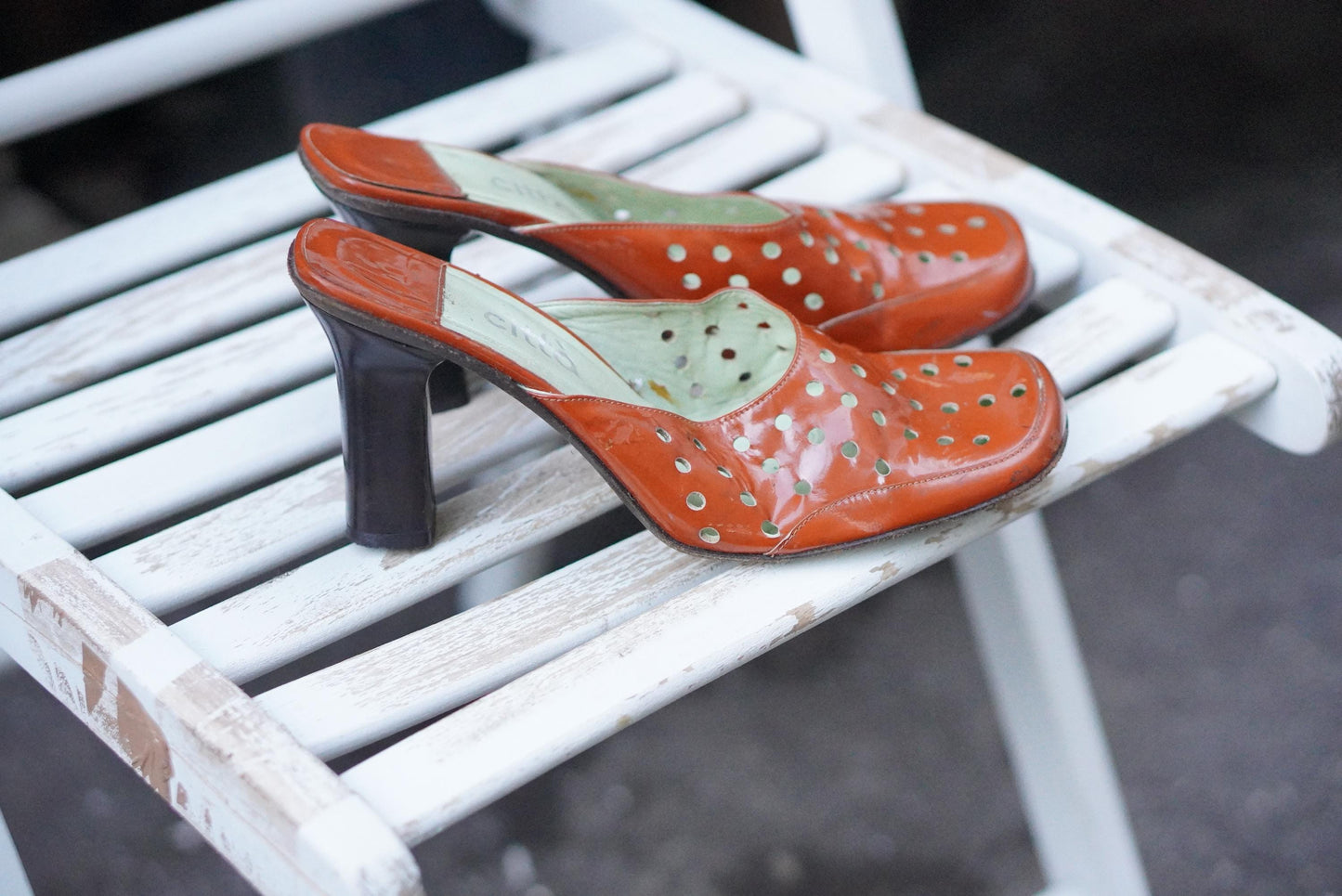 Vintage Mules Square Toe Burnt Orange Patent Leather Block Heel 90s Shoes Citta