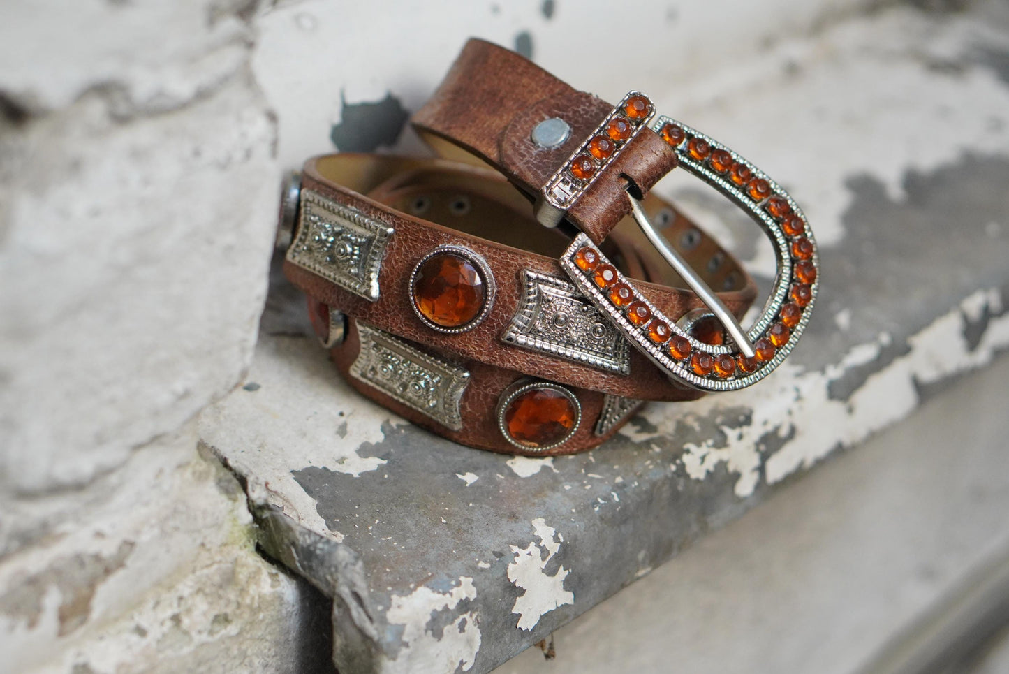 Vintage Western Leather Belt Amber Rhinestone Jeweled Buckle Boho Cowgirl 85cm