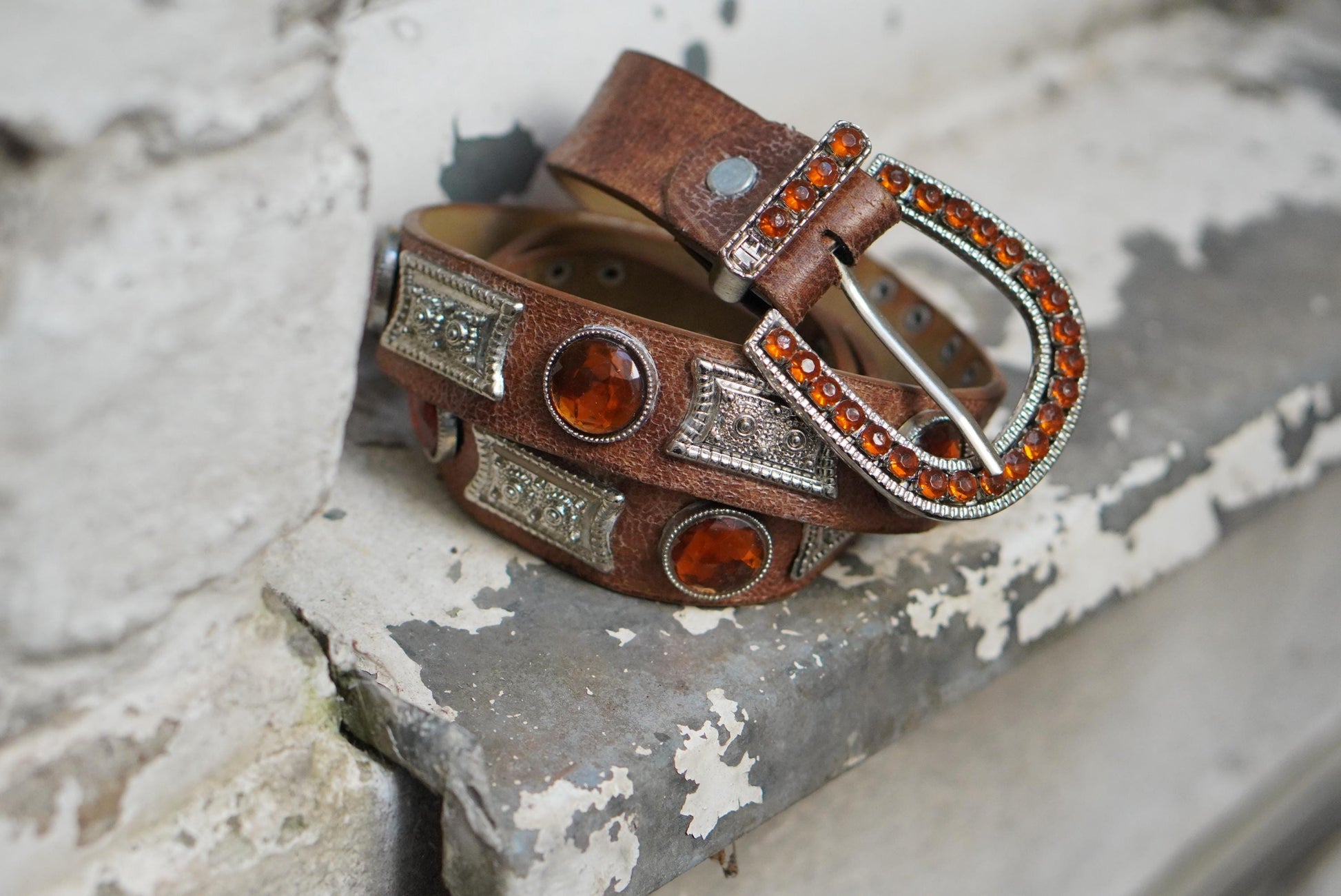 Vintage Western Leather Belt Amber Rhinestone Jeweled Buckle Boho Cowgirl 85cm