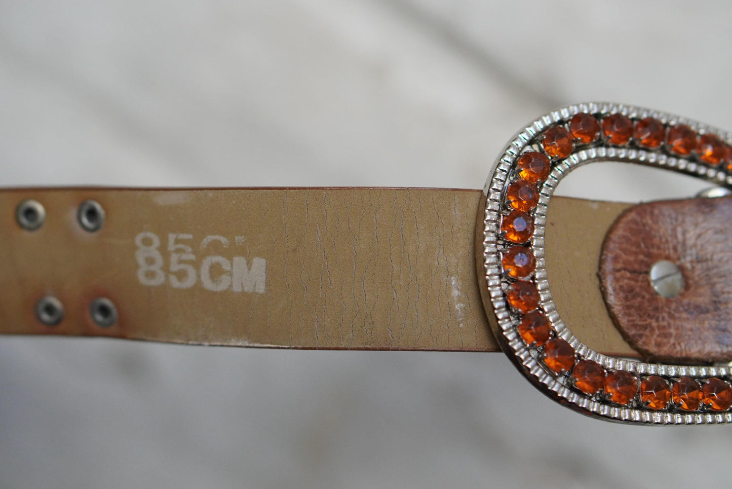 Vintage Western Leather Belt Amber Rhinestone Jeweled Buckle Boho Cowgirl 85cm