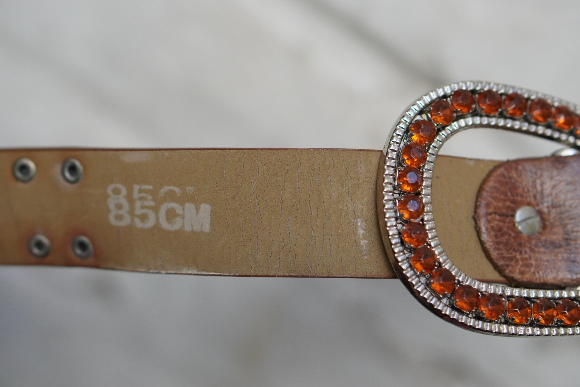 Vintage Western Leather Belt Amber Rhinestone Jeweled Buckle Boho Cowgirl 85cm